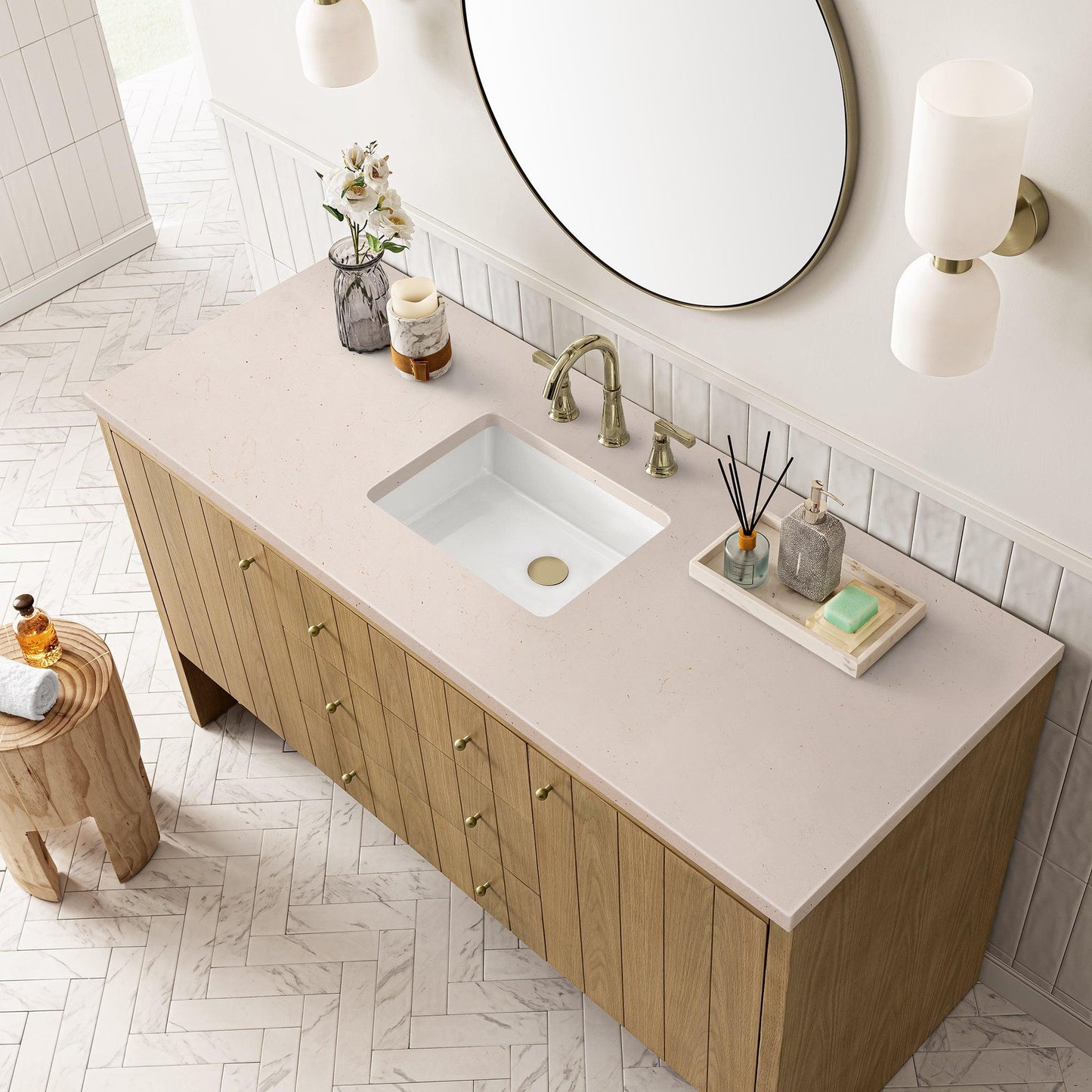 James Martin Vanities Hudson 60" Light Natural Oak Single Vanity With 3cm Eternal Marfil Top