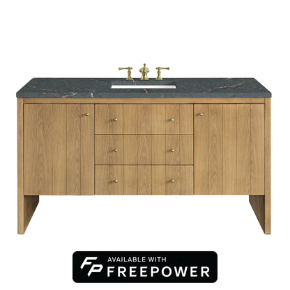 James Martin Vanities Hudson 60" Light Natural Oak Single Vanity With 3cm Parisien Bleu Top With FreePower Wireless Charger