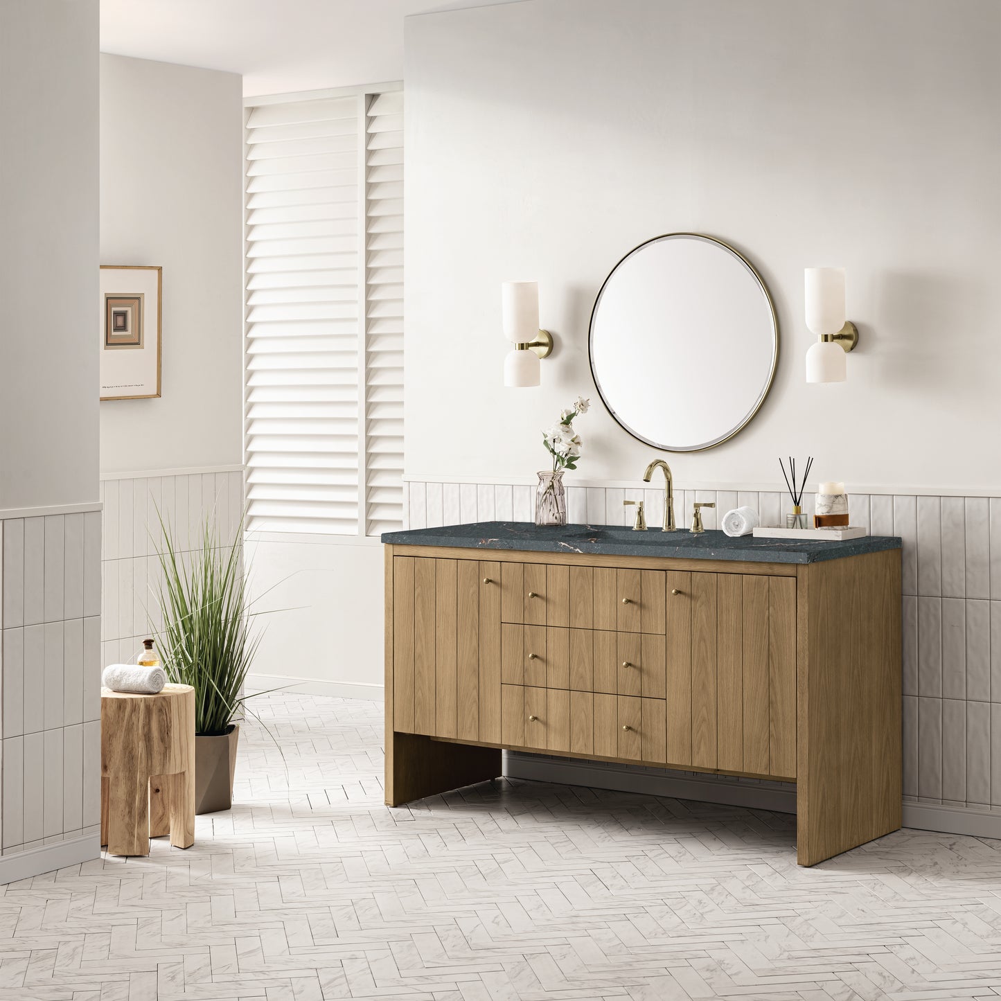 James Martin Vanities Hudson 60" Light Natural Oak Single Vanity With 3cm Parisien Bleu Top With FreePower Wireless Charger