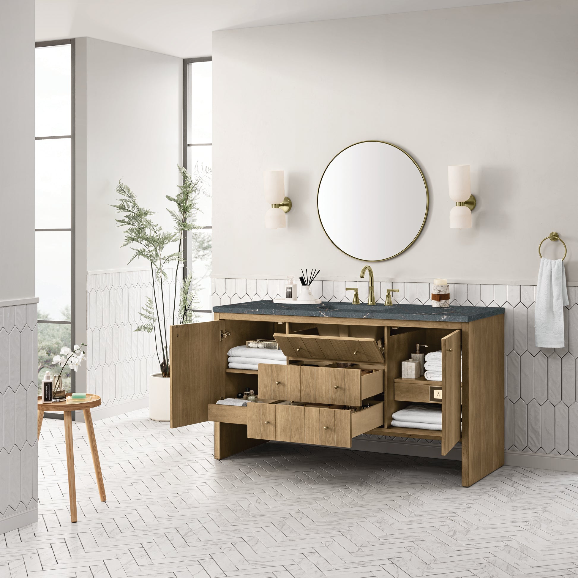 James Martin Vanities Hudson 60" Light Natural Oak Single Vanity With 3cm Parisien Bleu Top With FreePower Wireless Charger