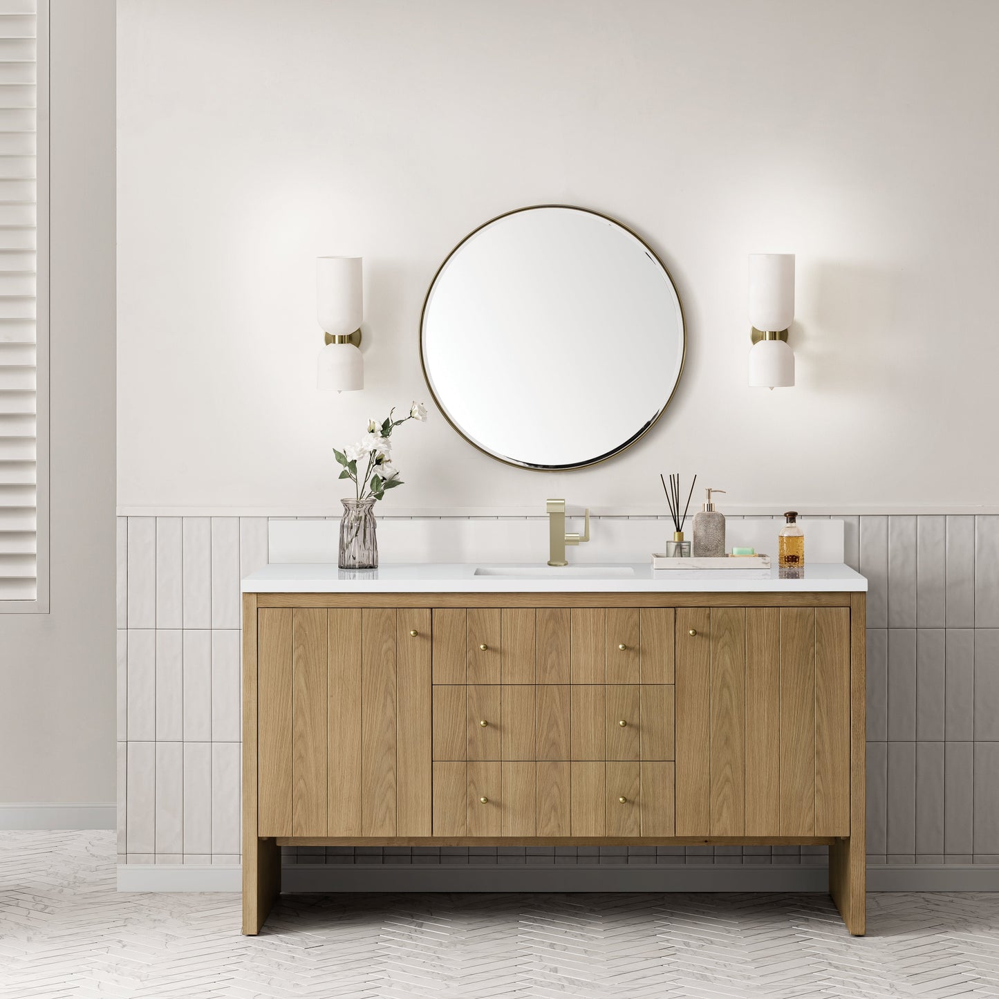 James Martin Vanities Hudson 60" Light Natural Oak Single Vanity With Single Hole 3 cm White Zeus Top & Backsplash