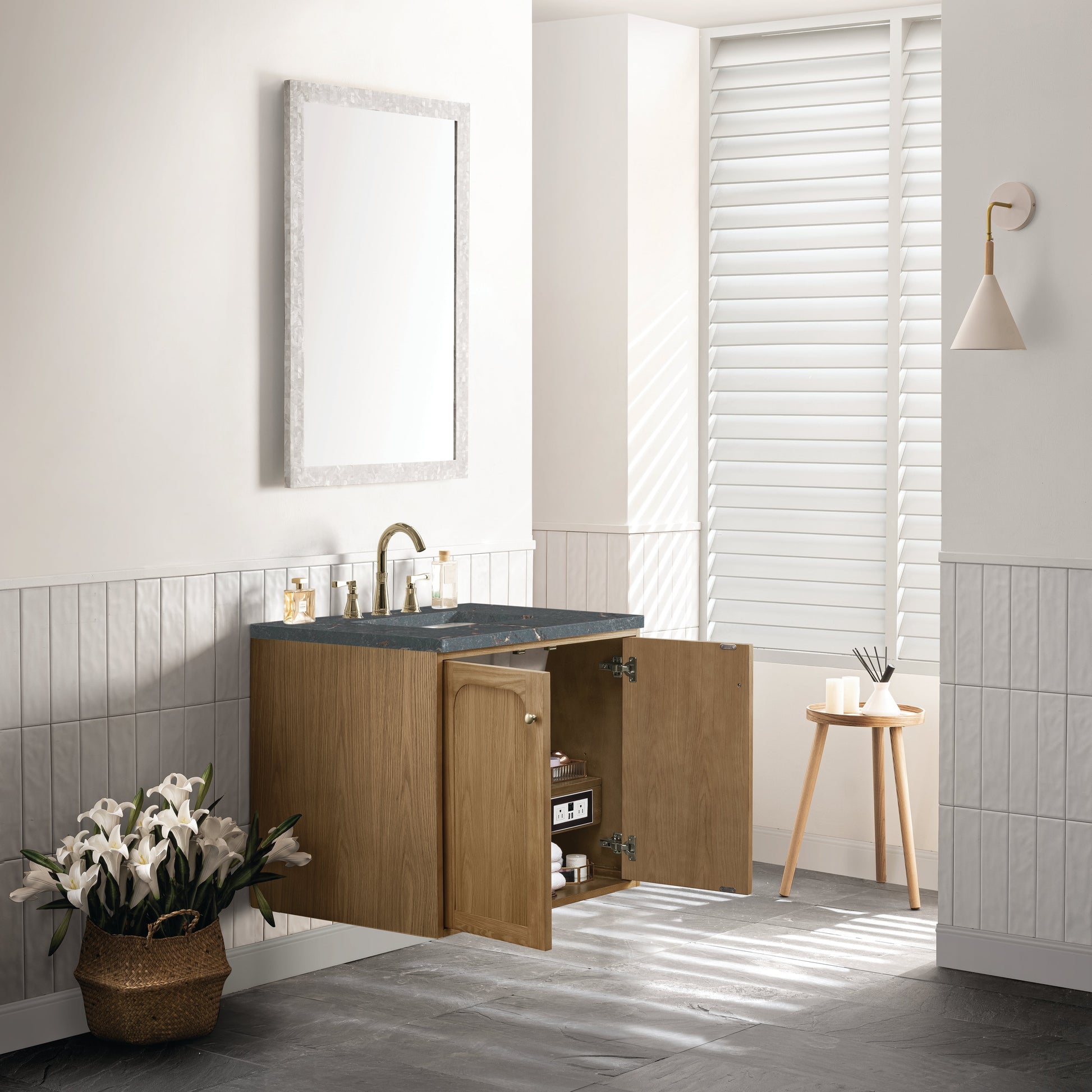 James Martin Vanities Laurent 30" Light Natural Oak Single Vanity With 3 cm Parisien Bleu Top