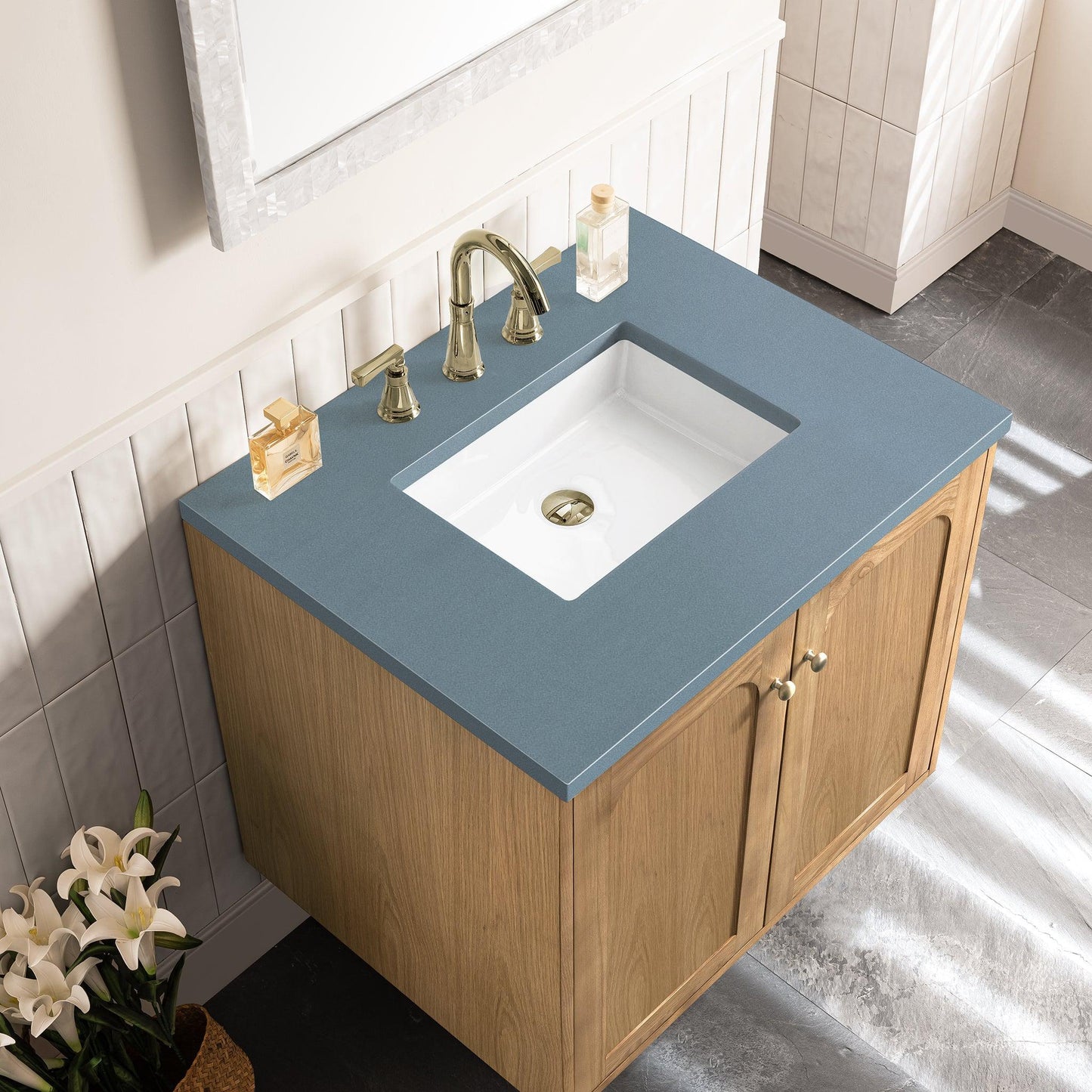 James Martin Vanities Laurent 30" Light Natural Oak Single Vanity With 3cm Cala Blue Top