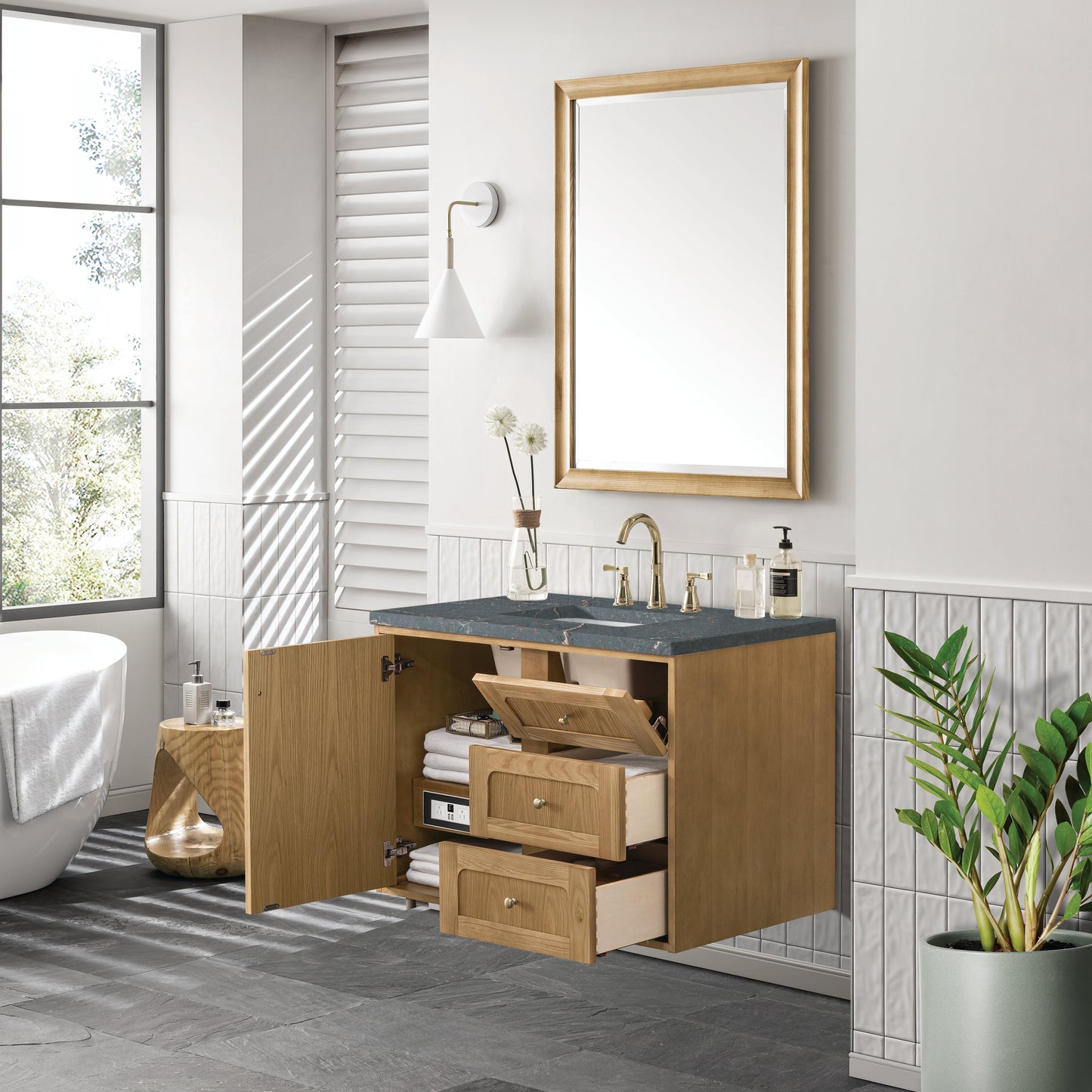 James Martin Vanities Laurent 36" Light Natural Oak Single Vanity With 3 cm Parisien Bleu Top