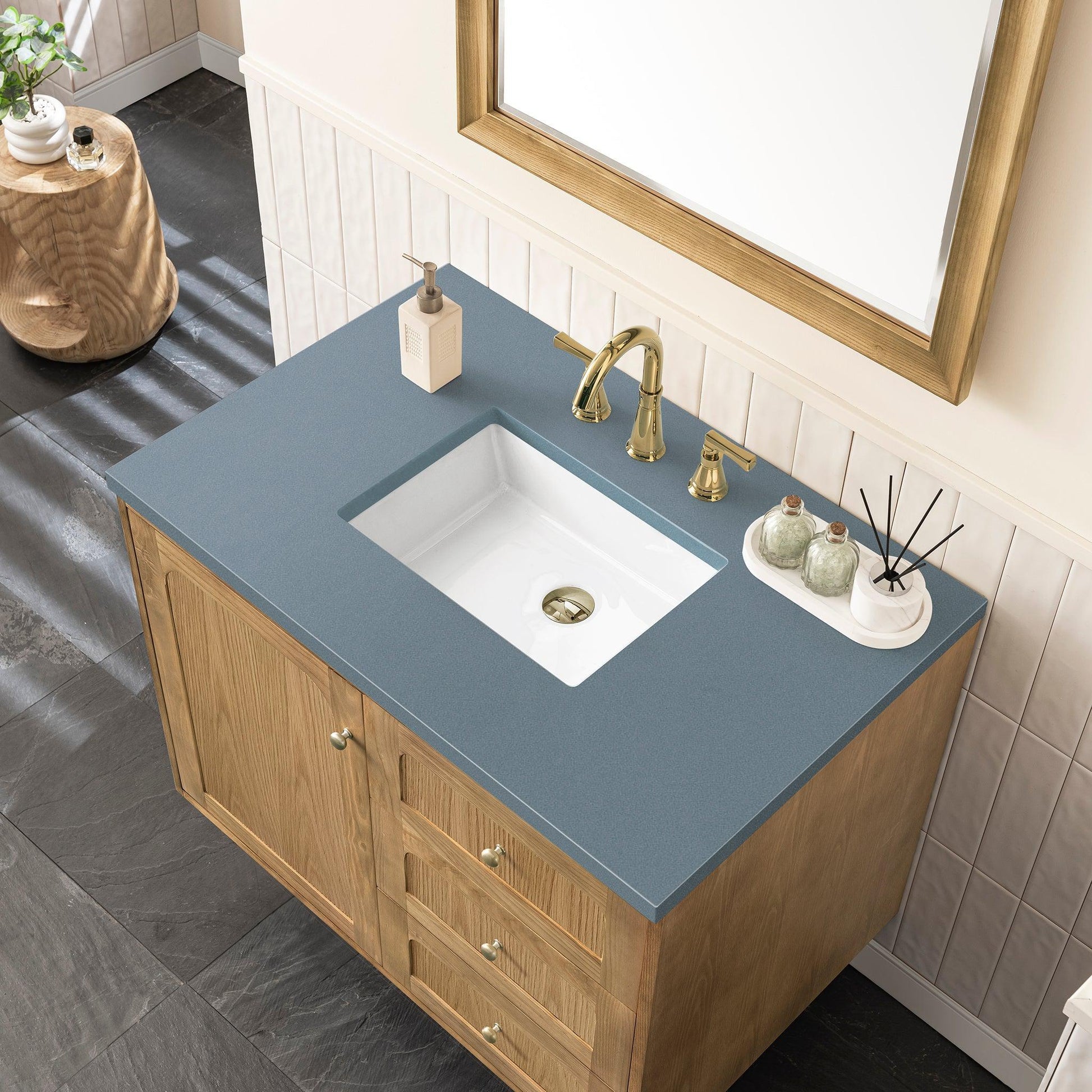 James Martin Vanities Laurent 36" Light Natural Oak Single Vanity With 3cm Cala Blue Top