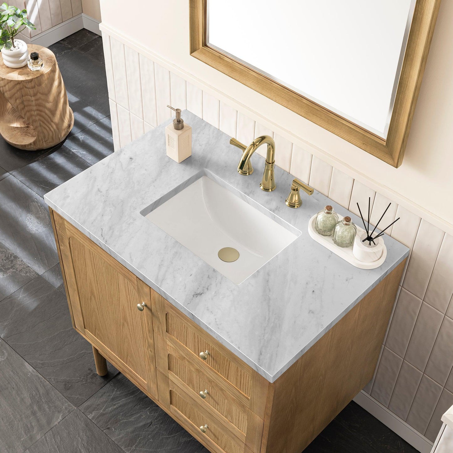 James Martin Vanities Laurent 36" Light Natural Oak Single Vanity With 3cm Carrara Marble Top