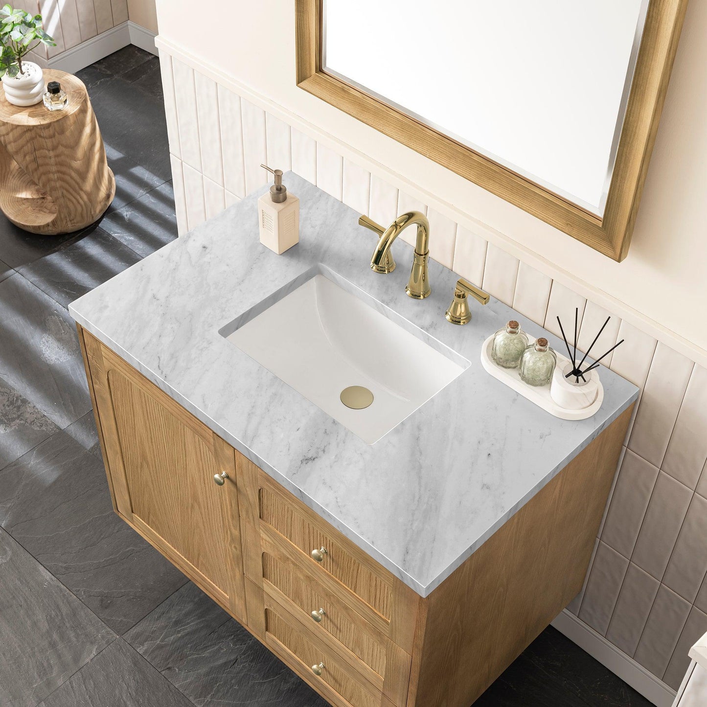 James Martin Vanities Laurent 36" Light Natural Oak Single Vanity With 3cm Carrara Marble Top