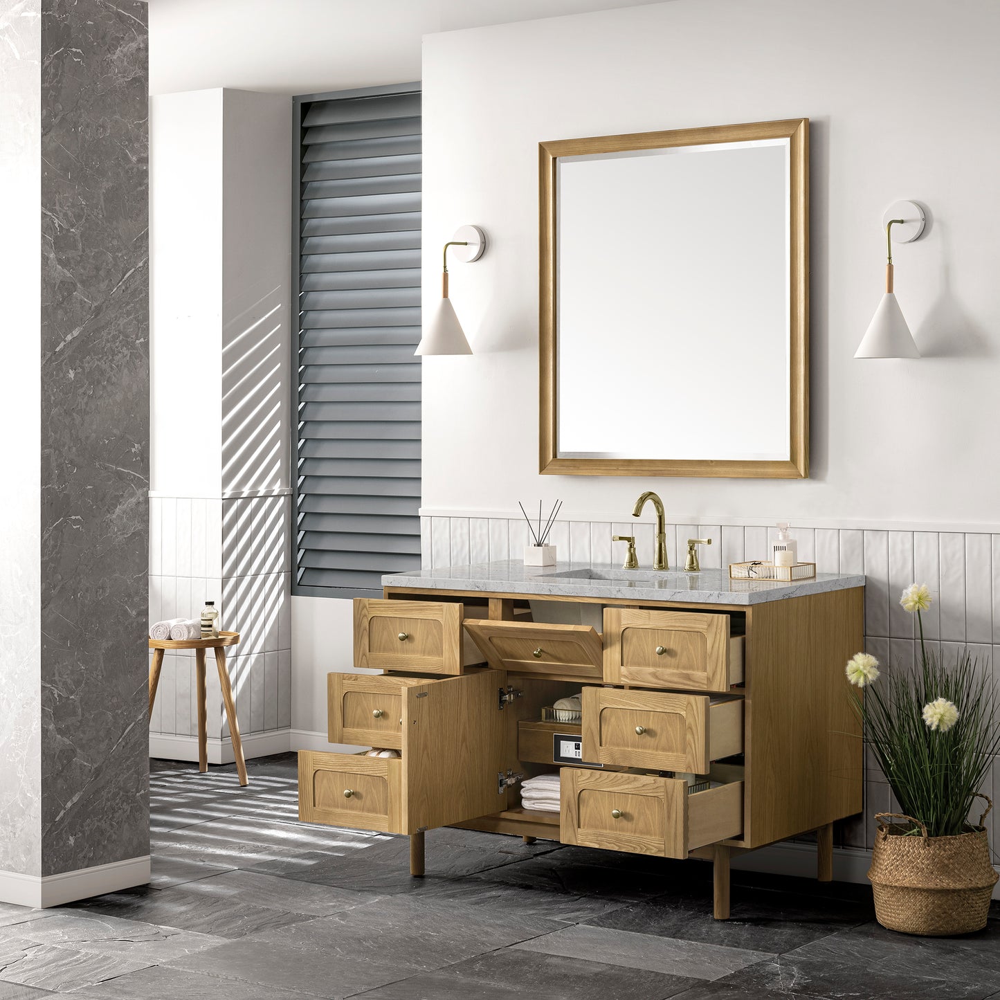 James Martin Vanities Laurent 48" Light Natural Oak Single Vanity With 3 cm Eternal Jasmine Pearl Top and FreePower Wireless Charger