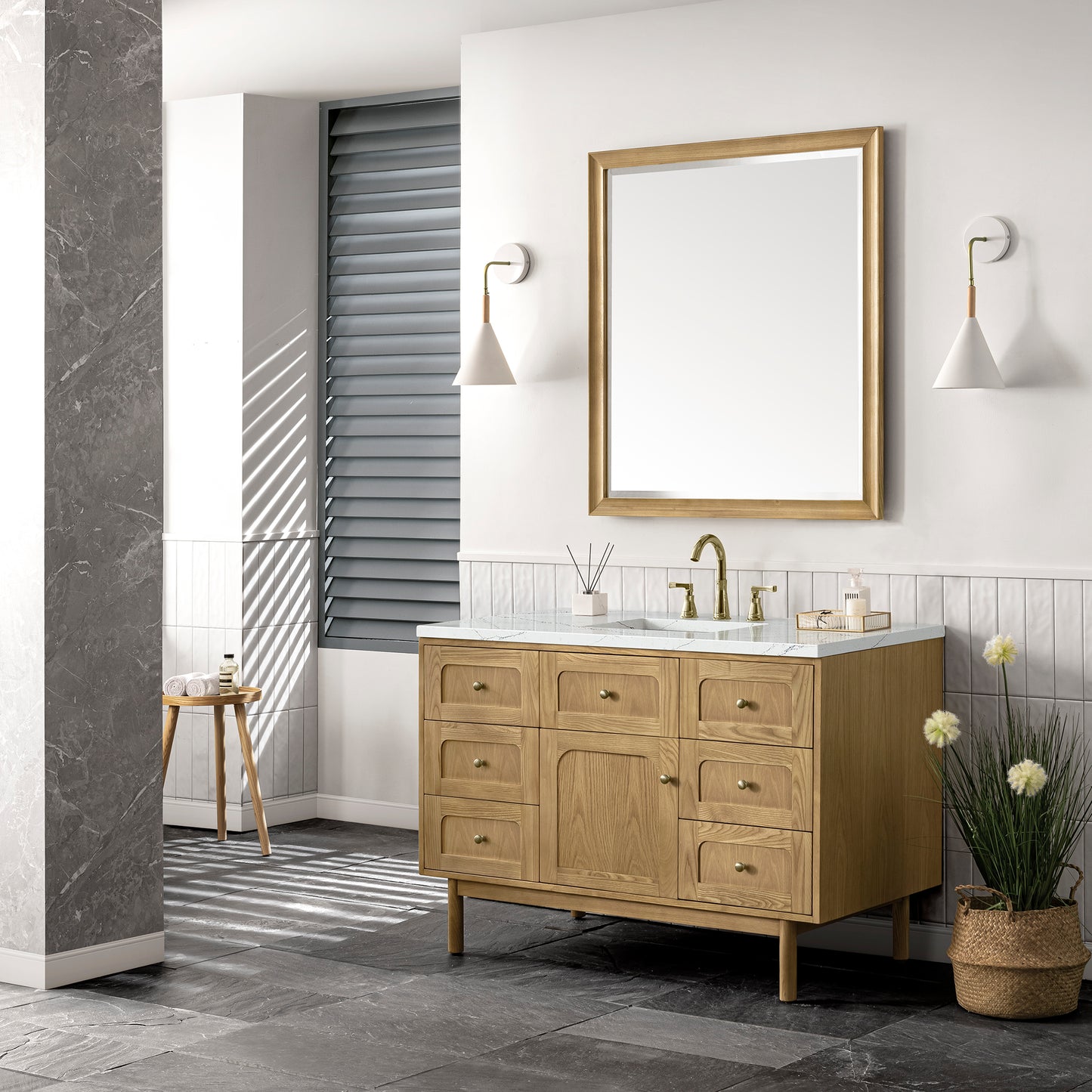 James Martin Vanities Laurent 48" Light Natural Oak Single Vanity With 3 cm Ethereal Noctis Top and FreePower Wireless Charger