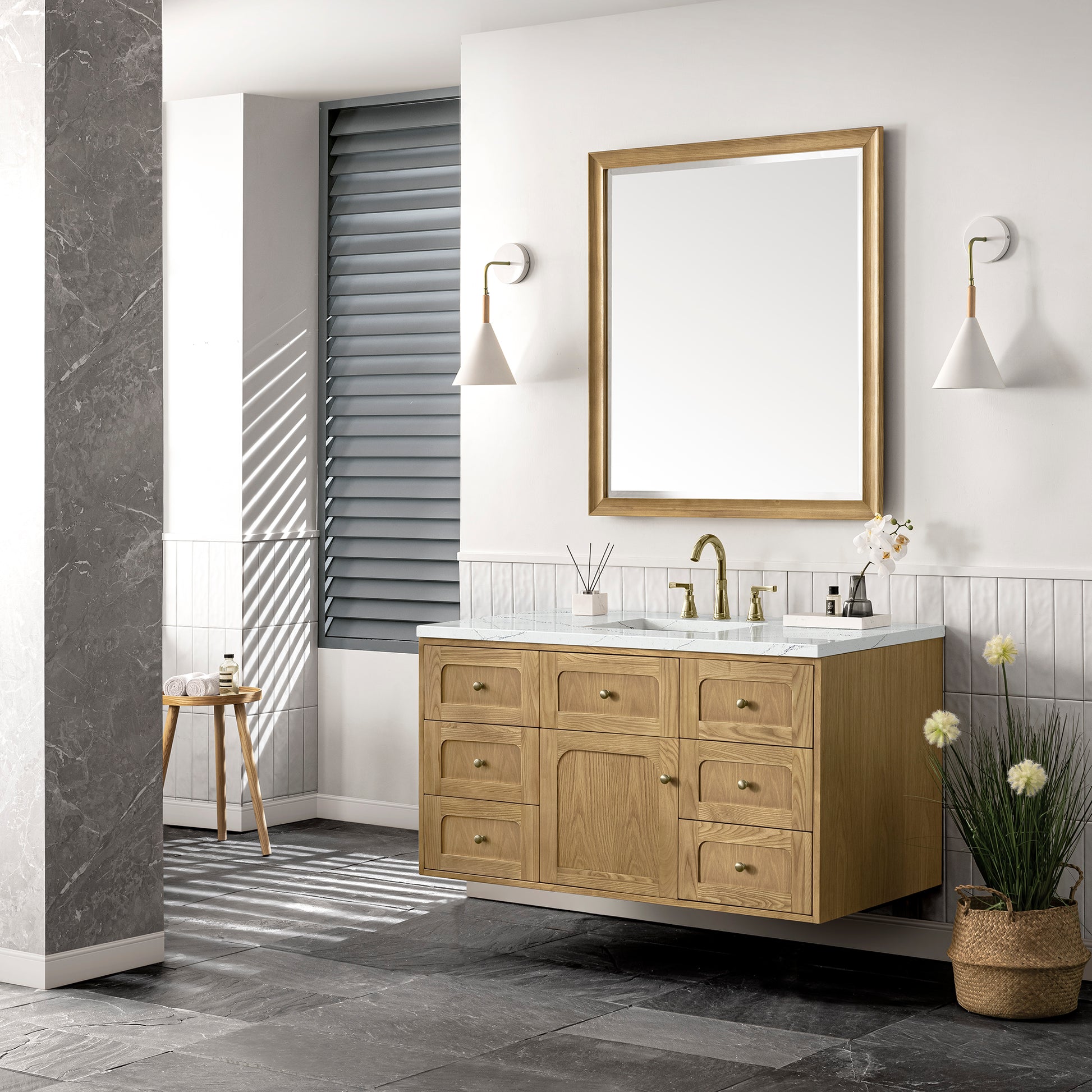James Martin Vanities Laurent 48" Light Natural Oak Single Vanity With 3 cm Ethereal Noctis Top and FreePower Wireless Charger