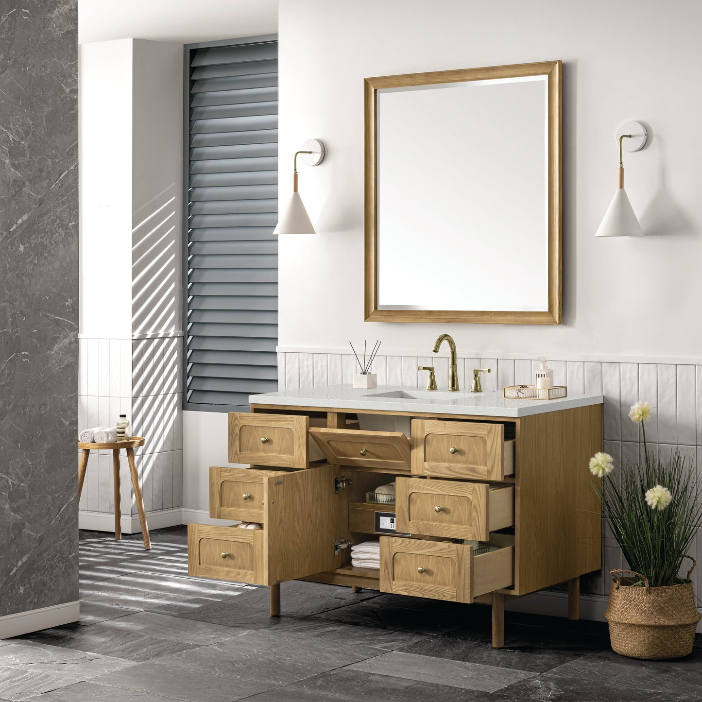 James Martin Vanities Laurent 48" Light Natural Oak Single Vanity With 3 cm Lime Delight Top