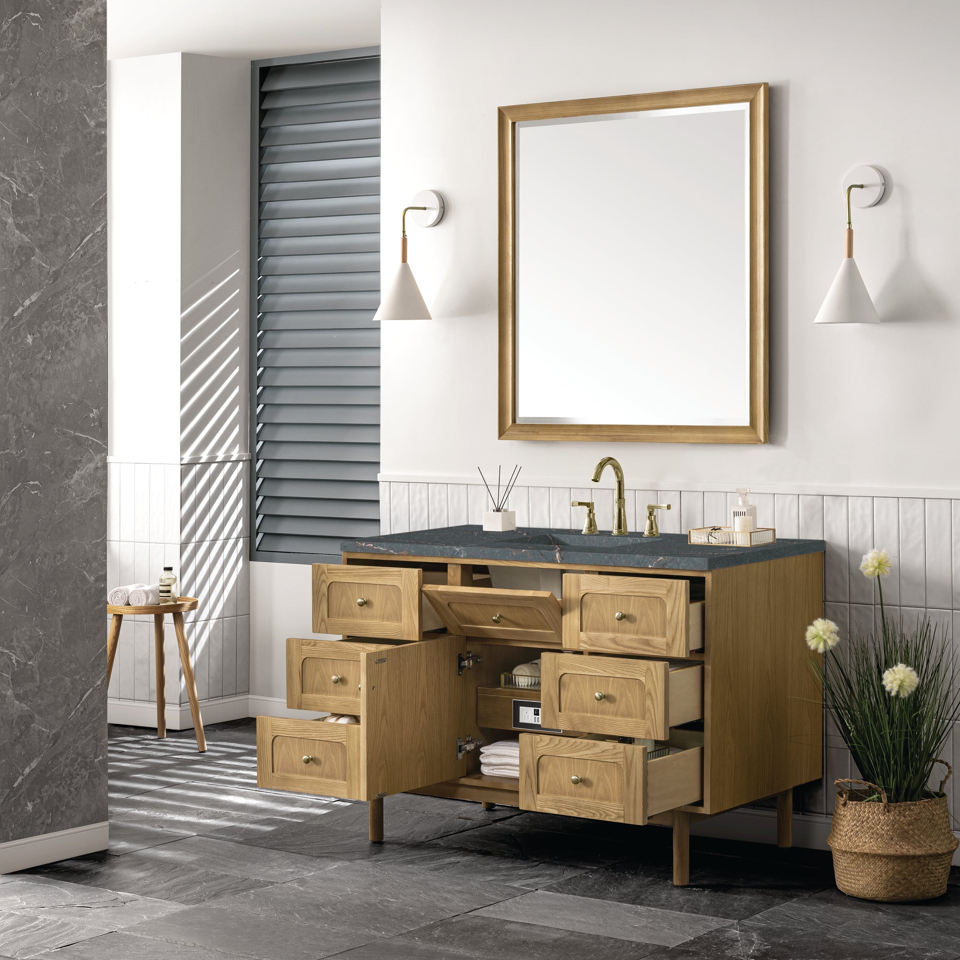 James Martin Vanities Laurent 48" Light Natural Oak Single Vanity With 3 cm Parisien Bleu Top and FreePower Wireless Charger