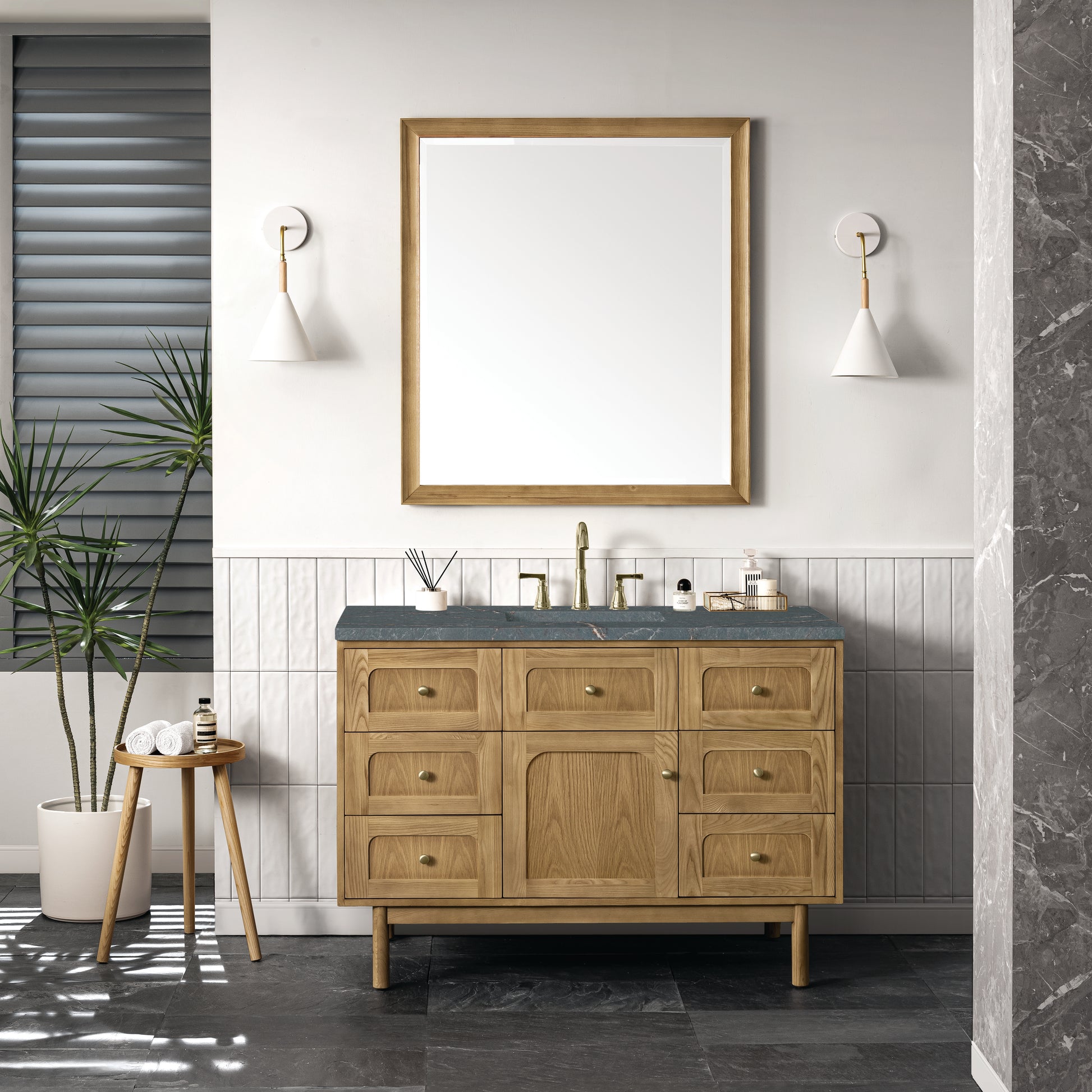 James Martin Vanities Laurent 48" Light Natural Oak Single Vanity With 3 cm Parisien Bleu Top and FreePower Wireless Charger