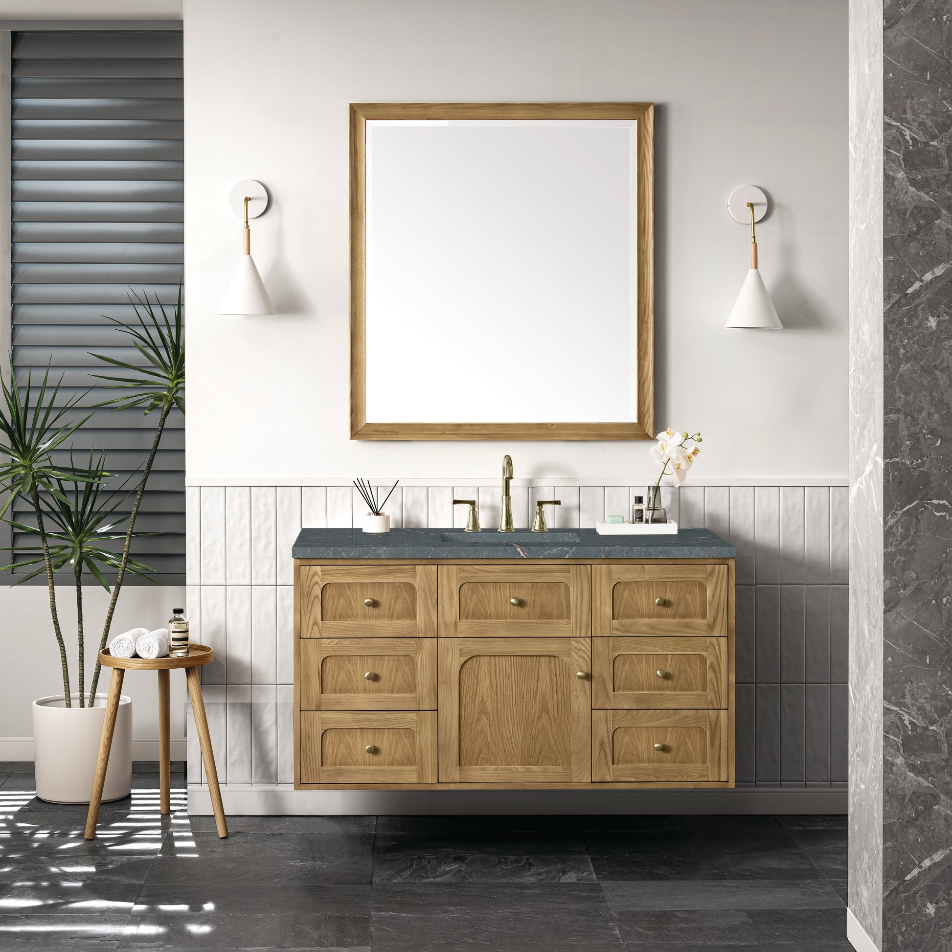 James Martin Vanities Laurent 48" Light Natural Oak Single Vanity With 3 cm Parisien Bleu Top and FreePower Wireless Charger