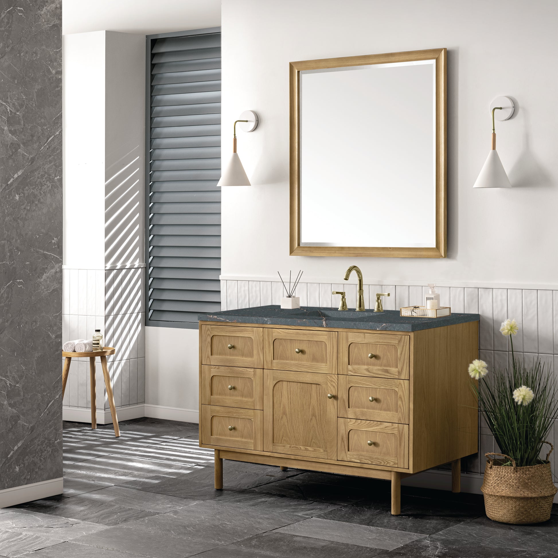 James Martin Vanities Laurent 48" Light Natural Oak Single Vanity With 3 cm Parisien Bleu Top and FreePower Wireless Charger