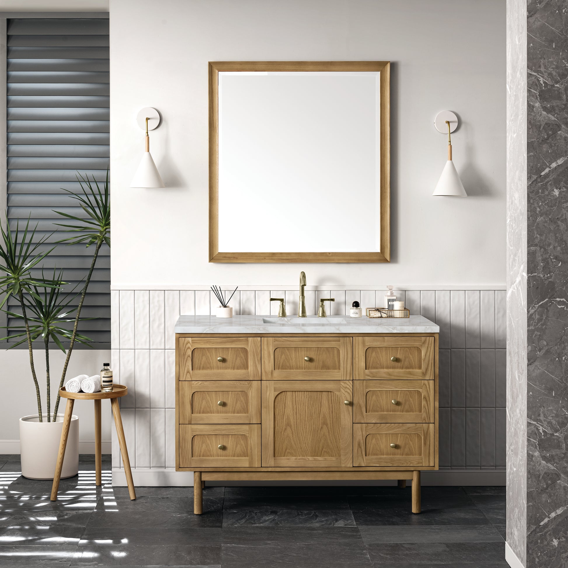 James Martin Vanities Laurent 48" Light Natural Oak Single Vanity With 3 cm Victorian Silver Top and FreePower Wireless Charger