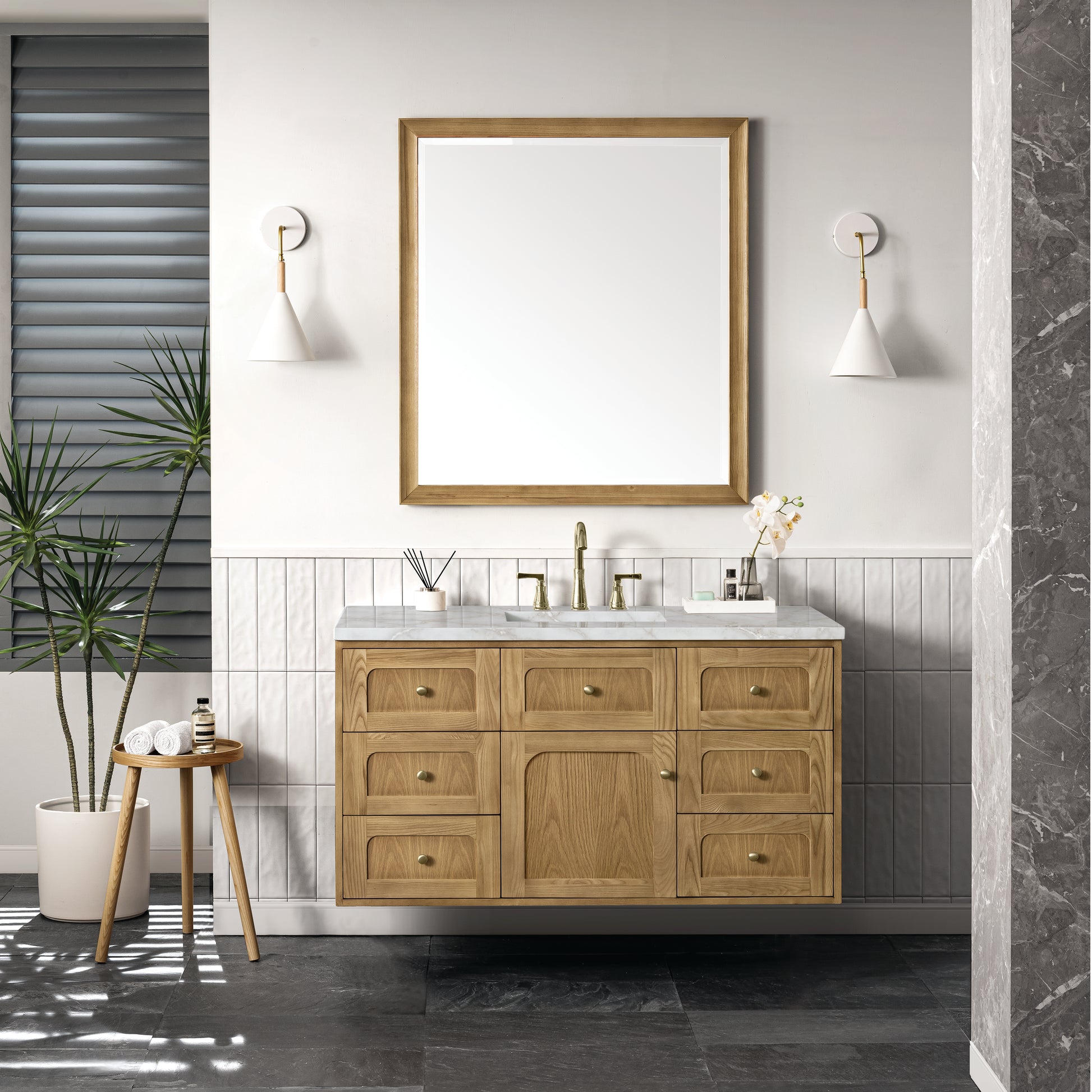 James Martin Vanities Laurent 48" Light Natural Oak Single Vanity With 3 cm Victorian Silver Top and FreePower Wireless Charger
