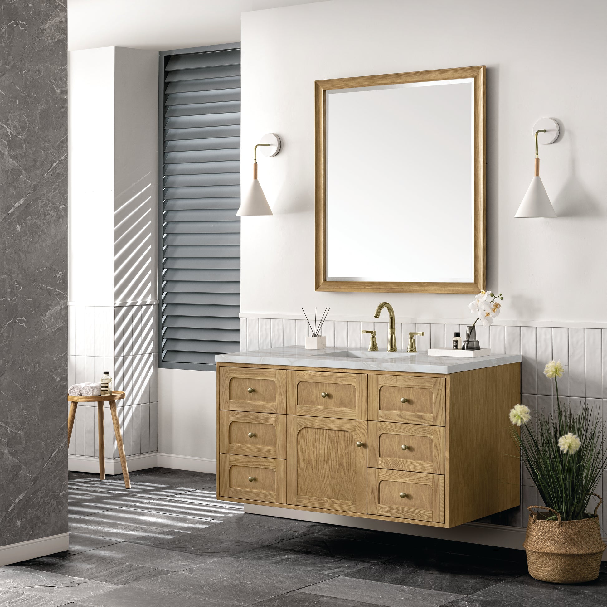James Martin Vanities Laurent 48" Light Natural Oak Single Vanity With 3 cm Victorian Silver Top and FreePower Wireless Charger