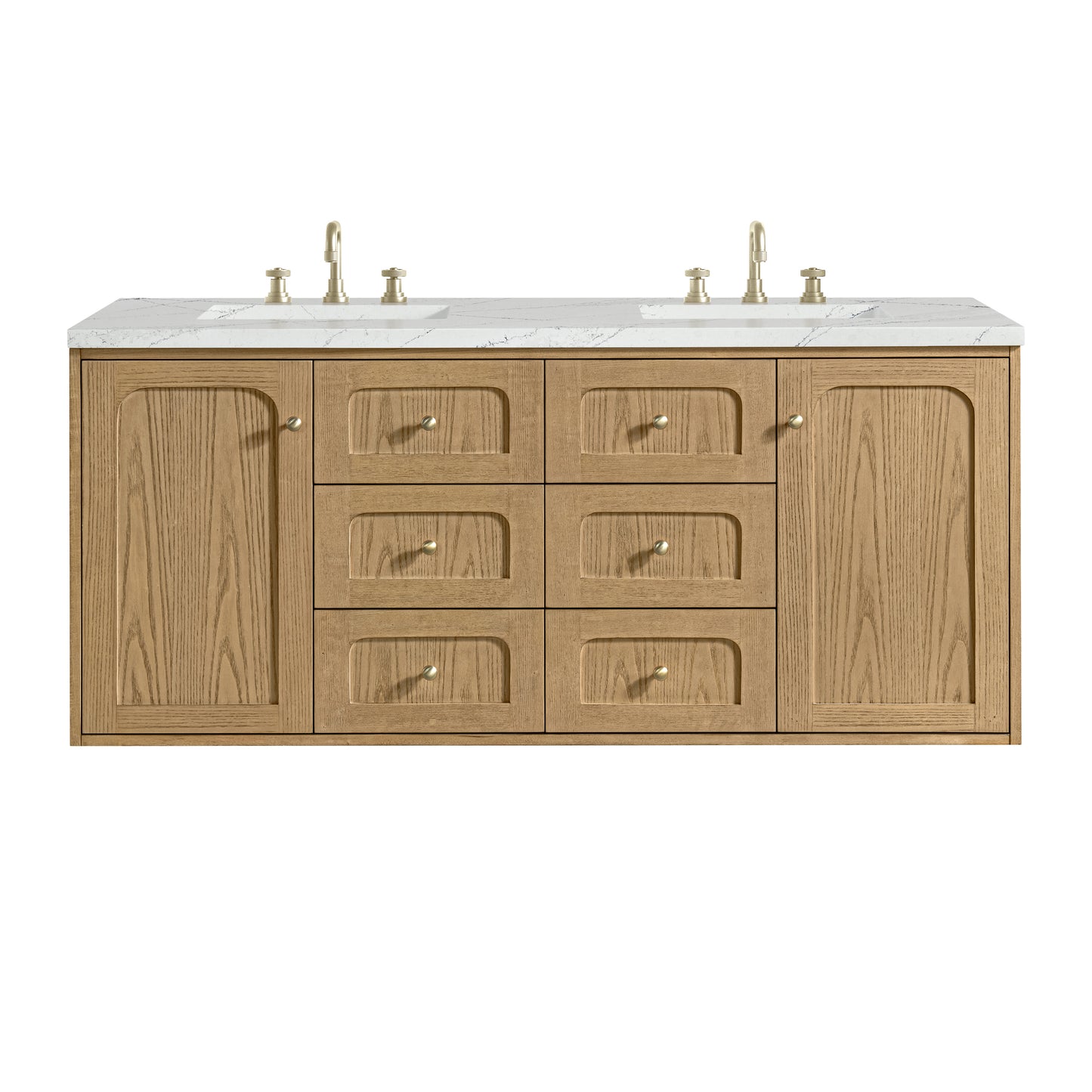 James Martin Vanities Laurent 60" Light Natural Oak Double Vanity With 3 cm Ethereal Noctis Quartz Top and FreePower Wireless Charger