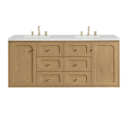 James Martin Vanities Laurent 60" Light Natural Oak Double Vanity With 3 cm Ethereal Noctis Quartz Top and FreePower Wireless Charger