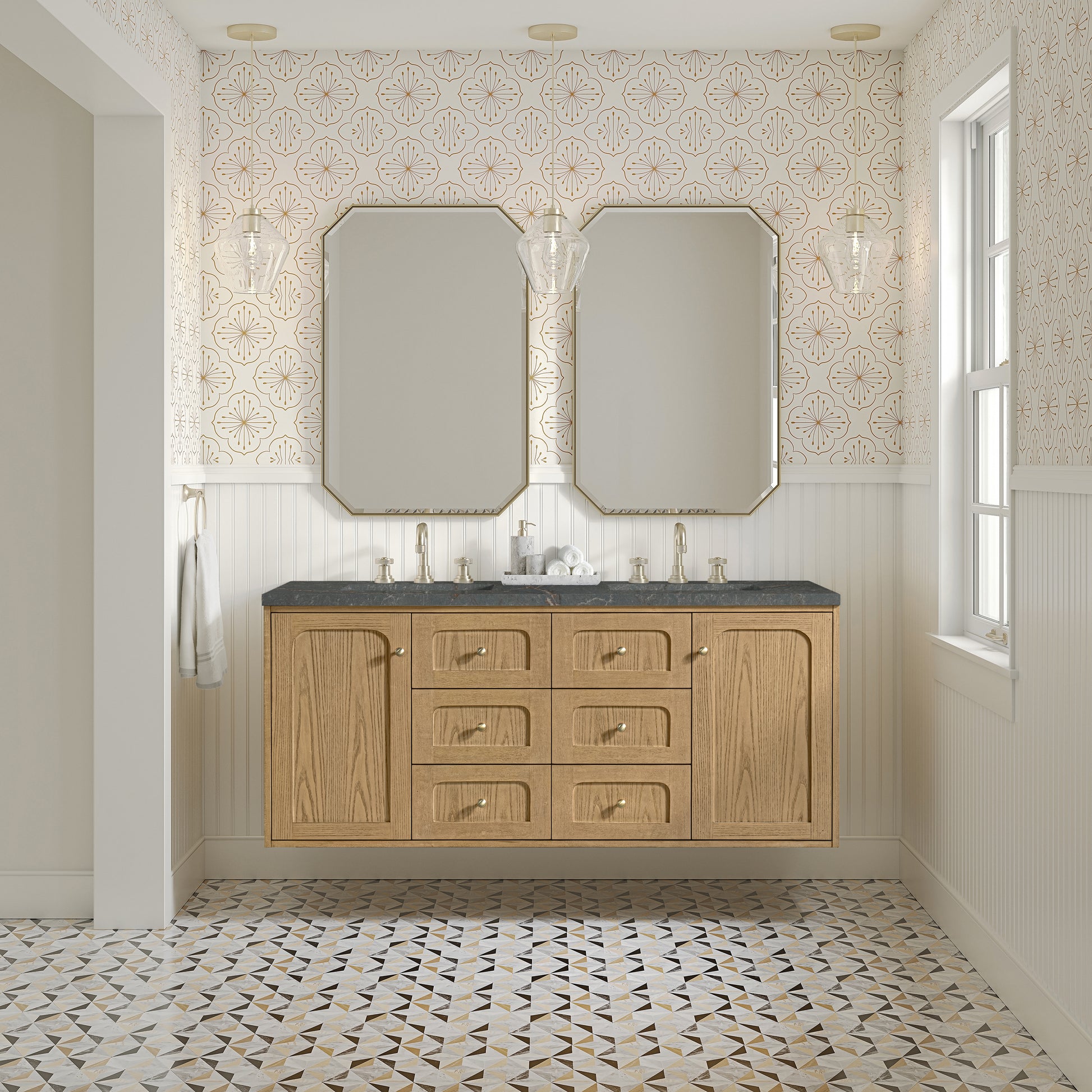 James Martin Vanities Laurent 60" Light Natural Oak Double Vanity With 3 cm Parisien Bleu Quartz Top and FreePower Wireless Charger