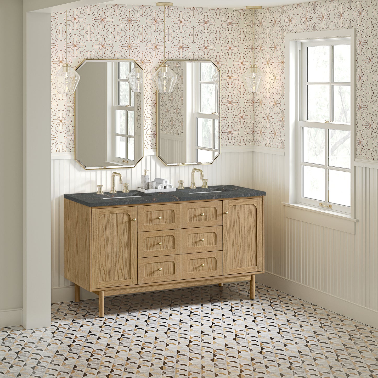 James Martin Vanities Laurent 60" Light Natural Oak Double Vanity With 3 cm Parisien Bleu Quartz Top and FreePower Wireless Charger