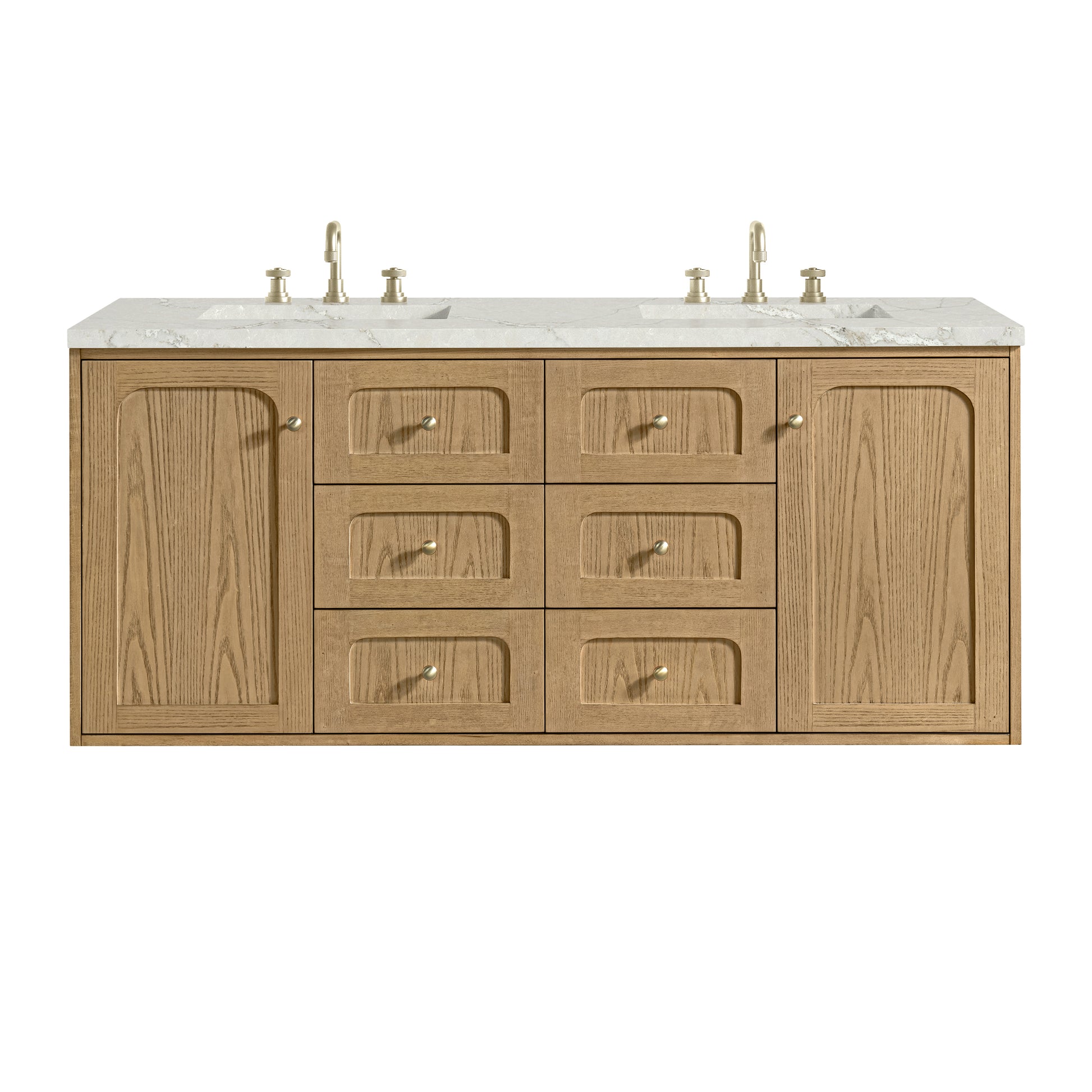 James Martin Vanities Laurent 60" Light Natural Oak Double Vanity With 3 cm Victorian Silver Quartz Top and FreePower Wireless Charger
