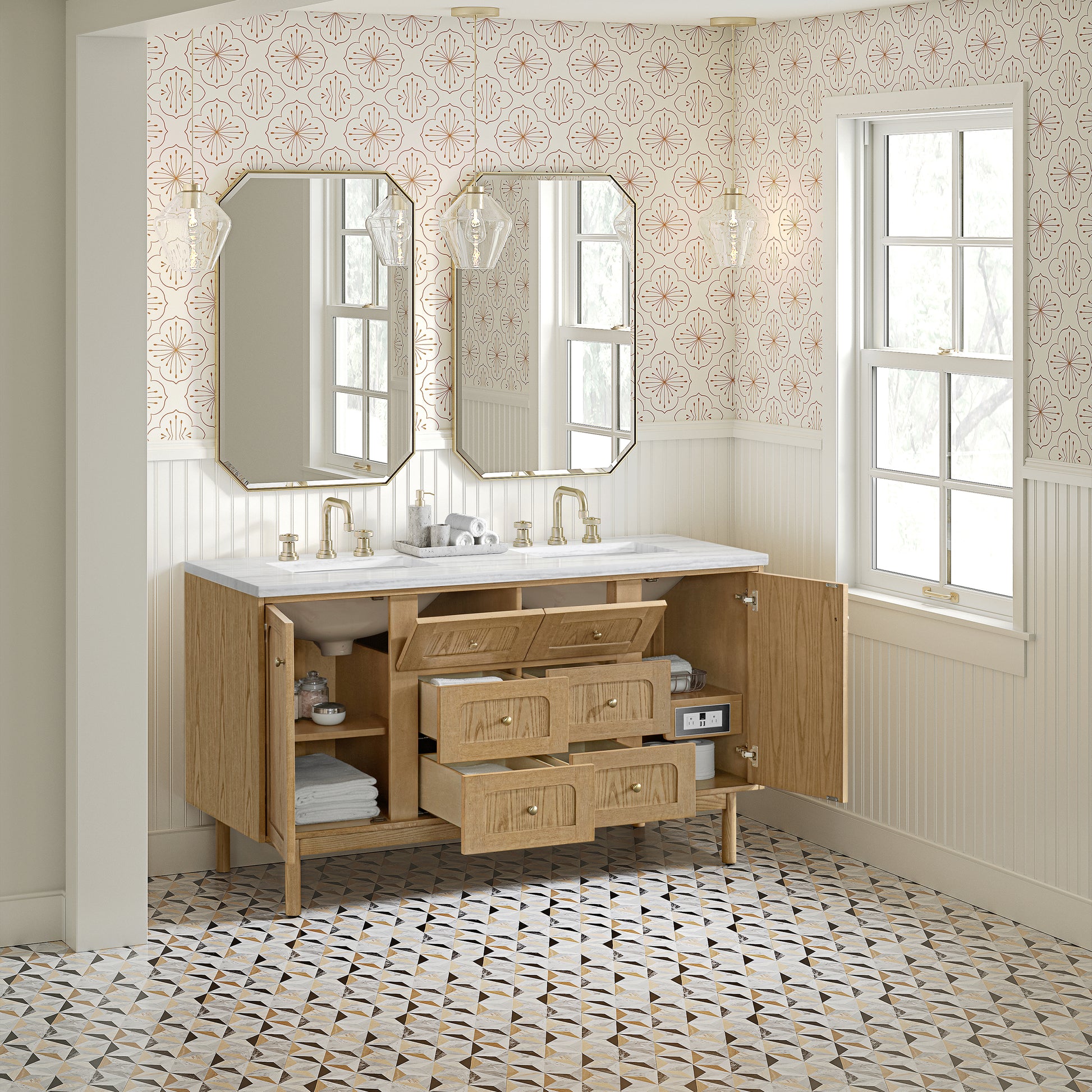 James Martin Vanities Laurent 60" Light Natural Oak Double Vanity With 3cm Arctic Fall Solid Surface Top