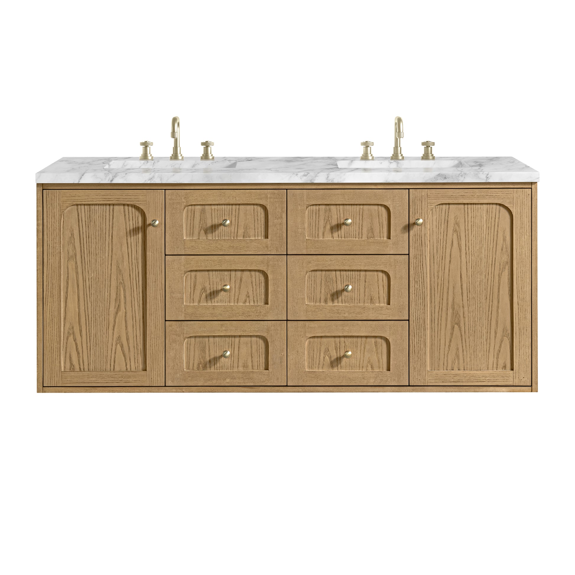James Martin Vanities Laurent 60" Light Natural Oak Double Vanity With 3cm Carrara Marble Top