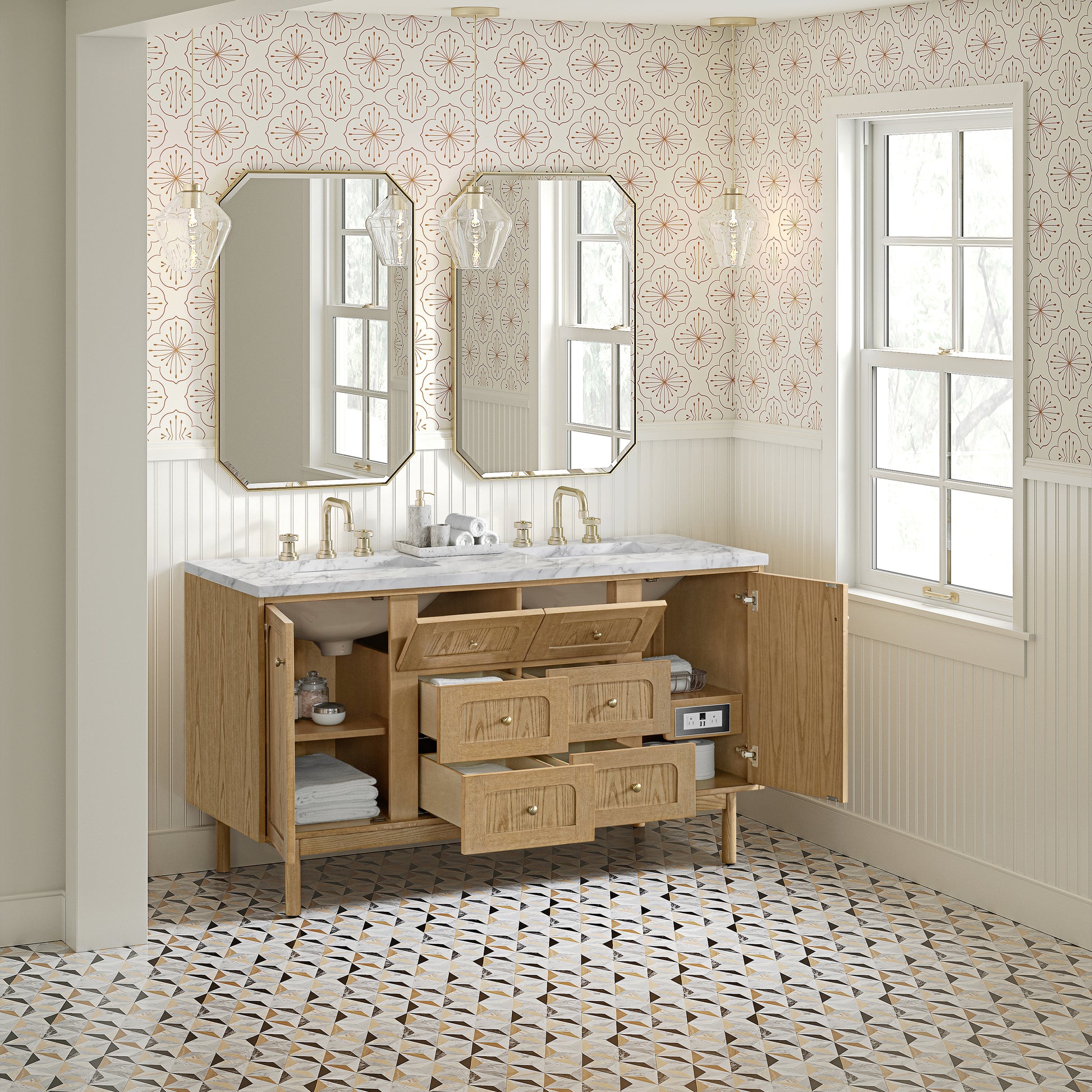 James Martin Vanities Laurent 60" Light Natural Oak Double Vanity With 3cm Carrara Marble Top