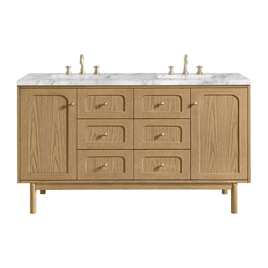 James Martin Vanities Laurent 60" Light Natural Oak Double Vanity With 3cm Carrara Marble Top