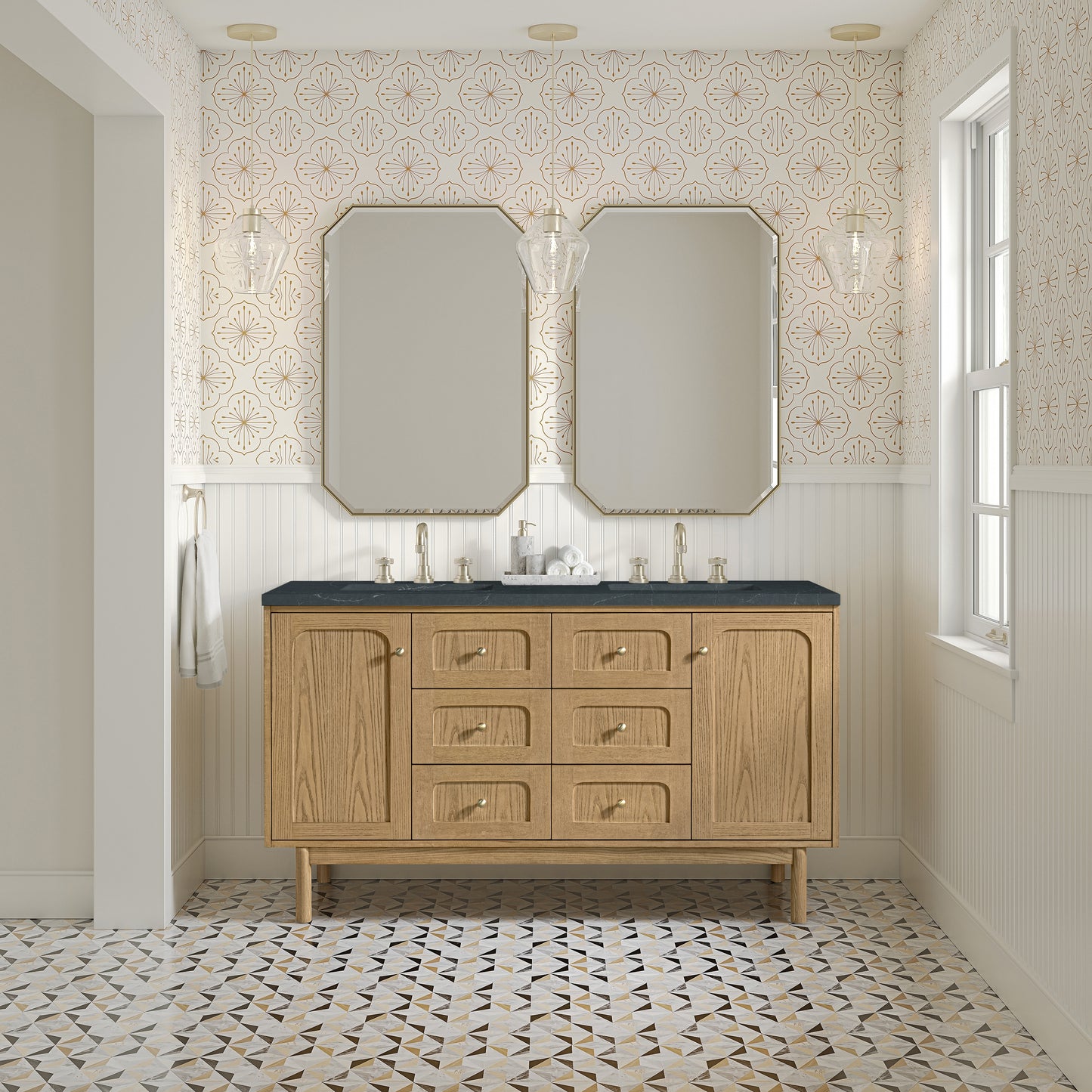 James Martin Vanities Laurent 60" Light Natural Oak Double Vanity With 3cm Charcoal Soapstone Quartz Top