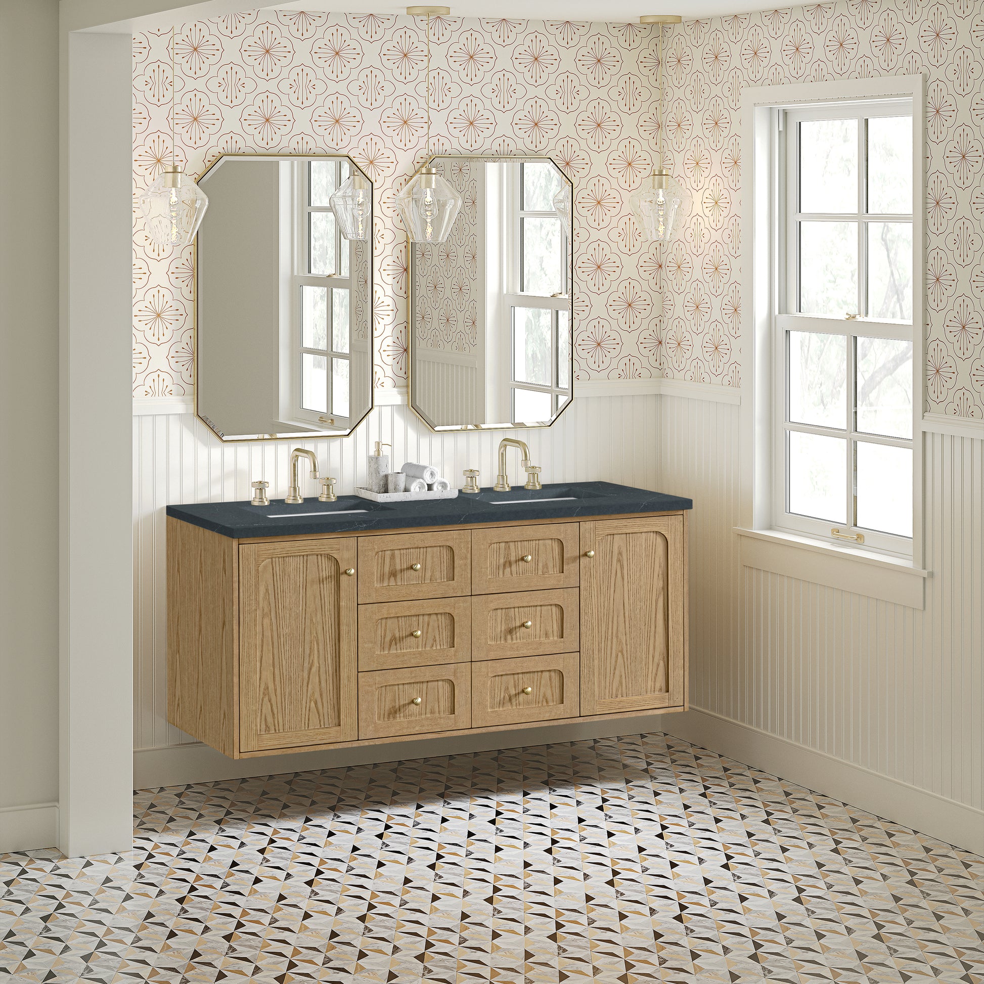 James Martin Vanities Laurent 60" Light Natural Oak Double Vanity With 3cm Charcoal Soapstone Quartz Top