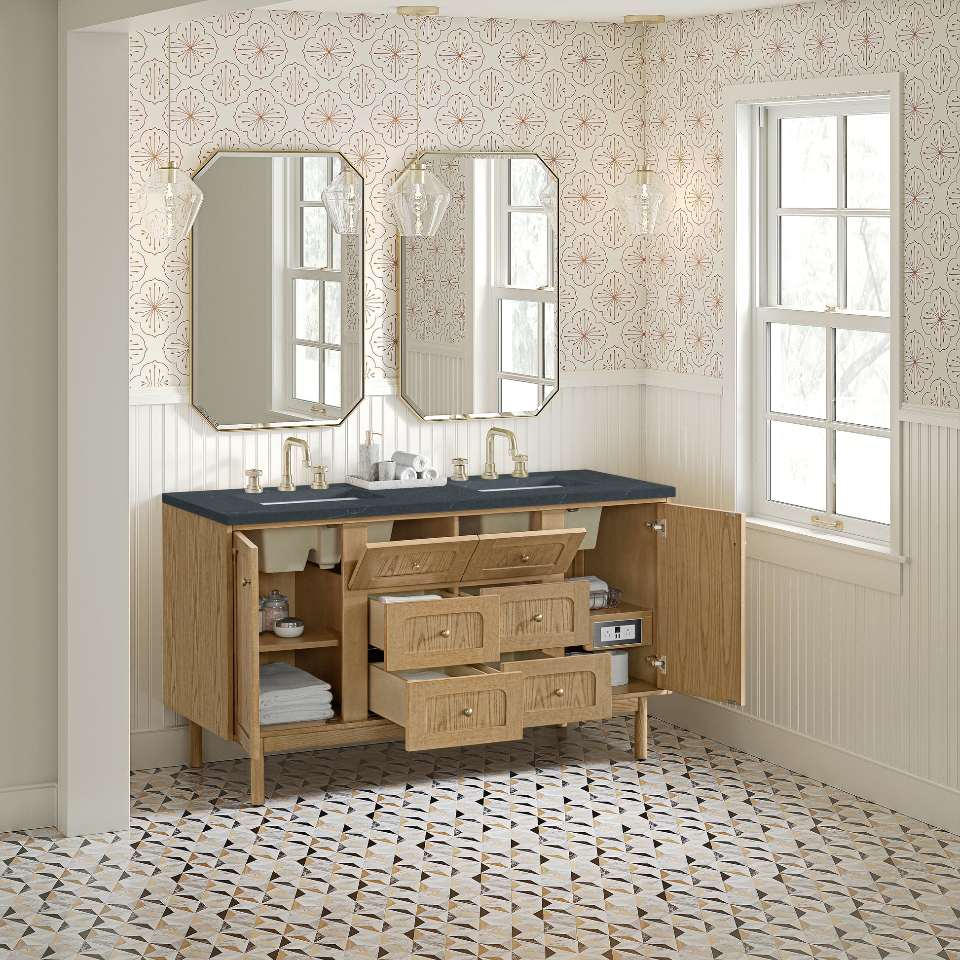 James Martin Vanities Laurent 60" Light Natural Oak Double Vanity With 3cm Charcoal Soapstone Quartz Top