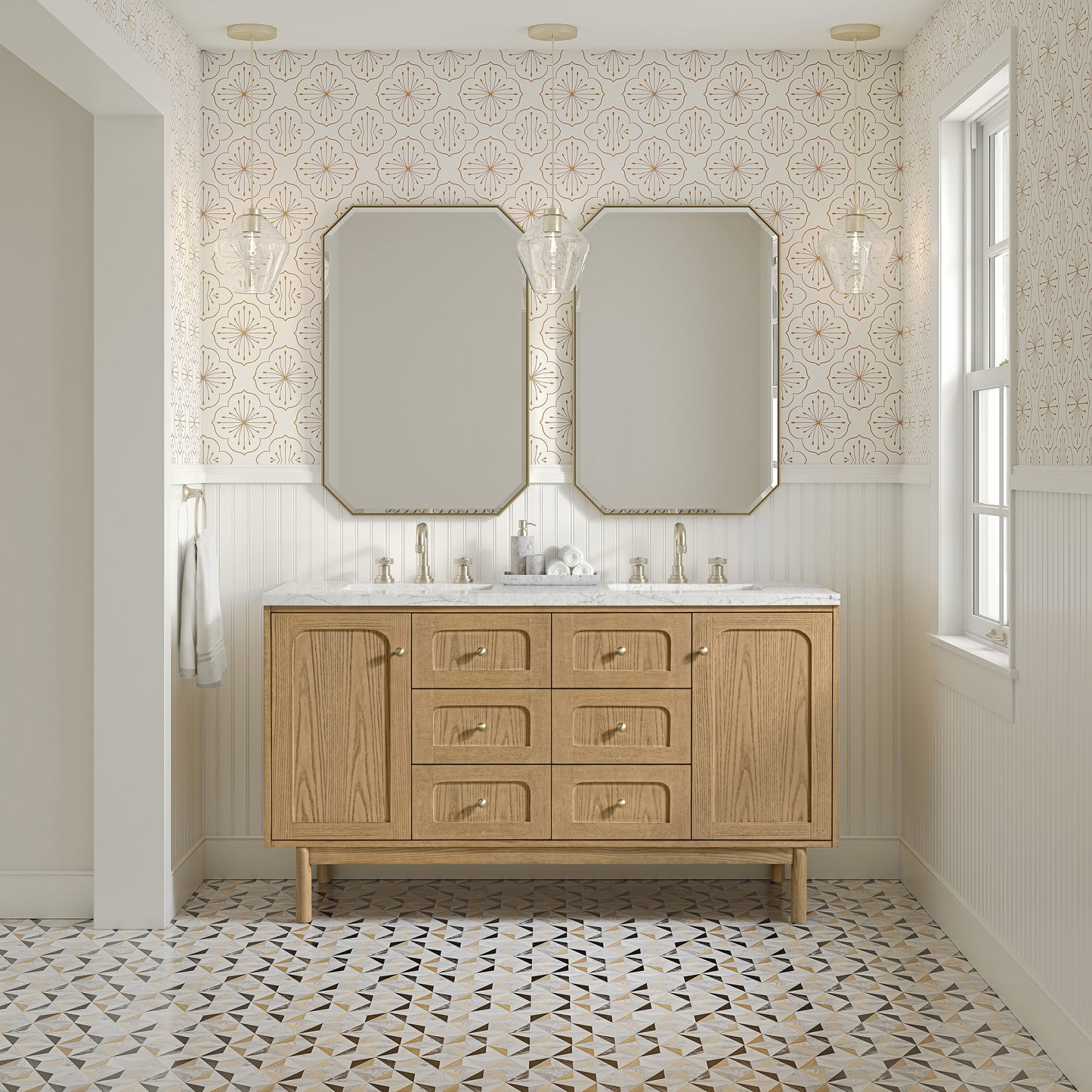 James Martin Vanities Laurent 60" Light Natural Oak Double Vanity With 3cm Eternal Jasmine Pearl Quartz Top