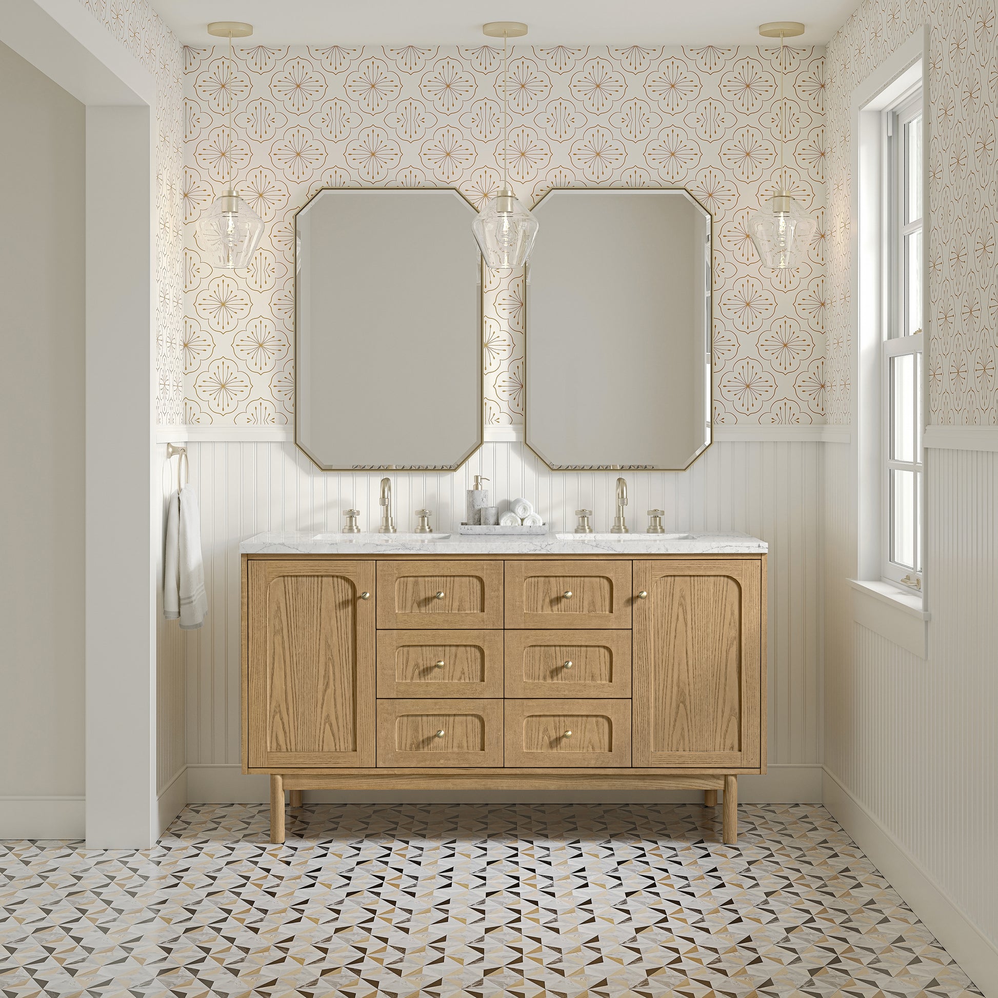 James Martin Vanities Laurent 60" Light Natural Oak Double Vanity With 3cm Eternal Jasmine Pearl Quartz Top