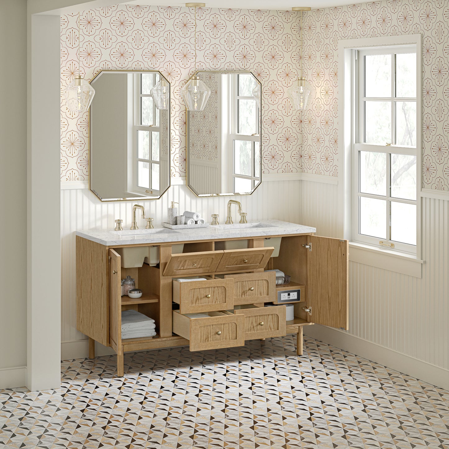 James Martin Vanities Laurent 60" Light Natural Oak Double Vanity With 3cm Eternal Jasmine Pearl Quartz Top