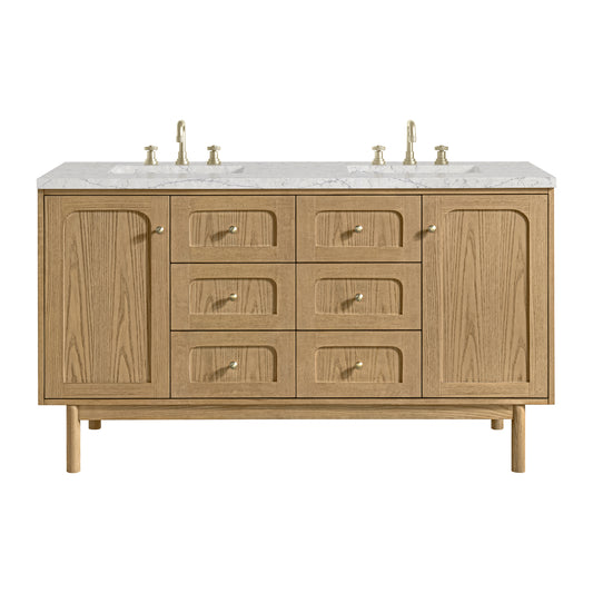 James Martin Vanities Laurent 60" Light Natural Oak Double Vanity With 3cm Eternal Jasmine Pearl Quartz Top