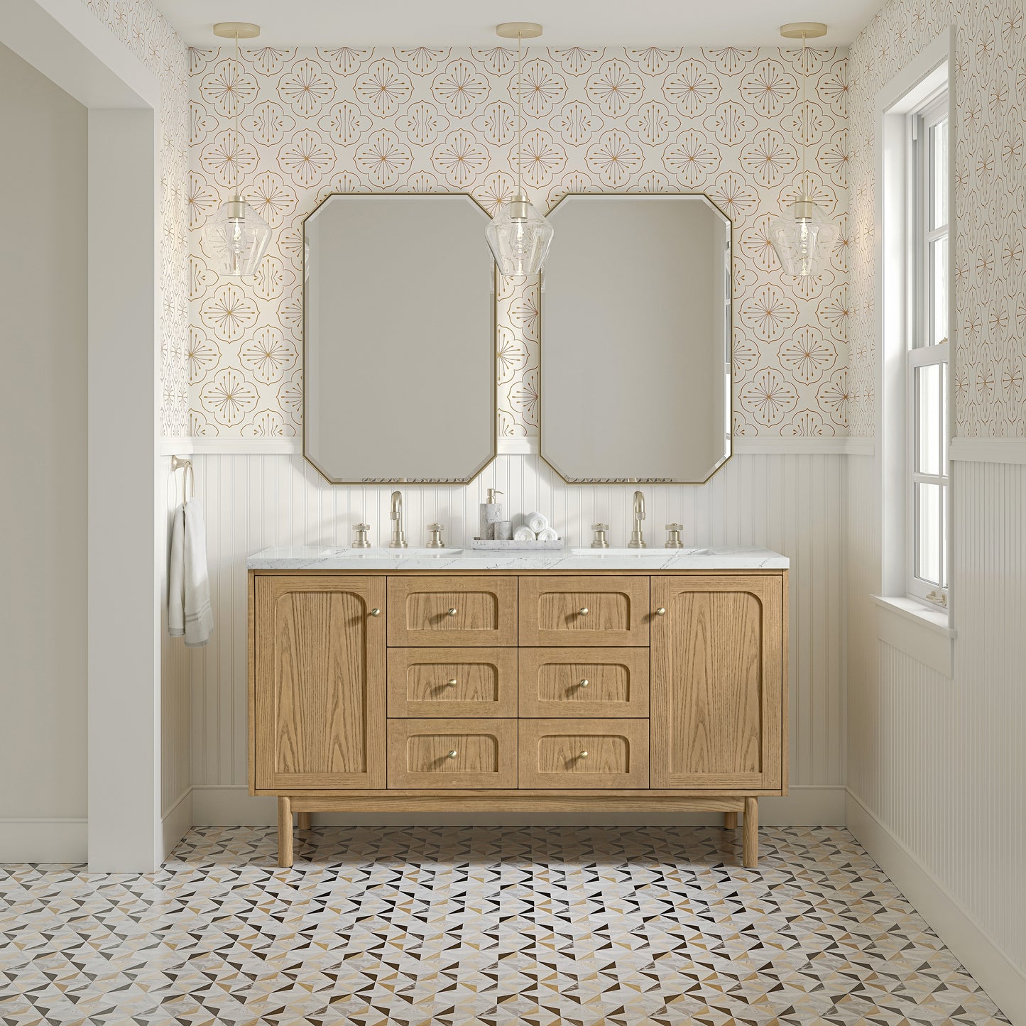 James Martin Vanities Laurent 60" Light Natural Oak Double Vanity With 3cm Ethereal Noctis Quartz Top