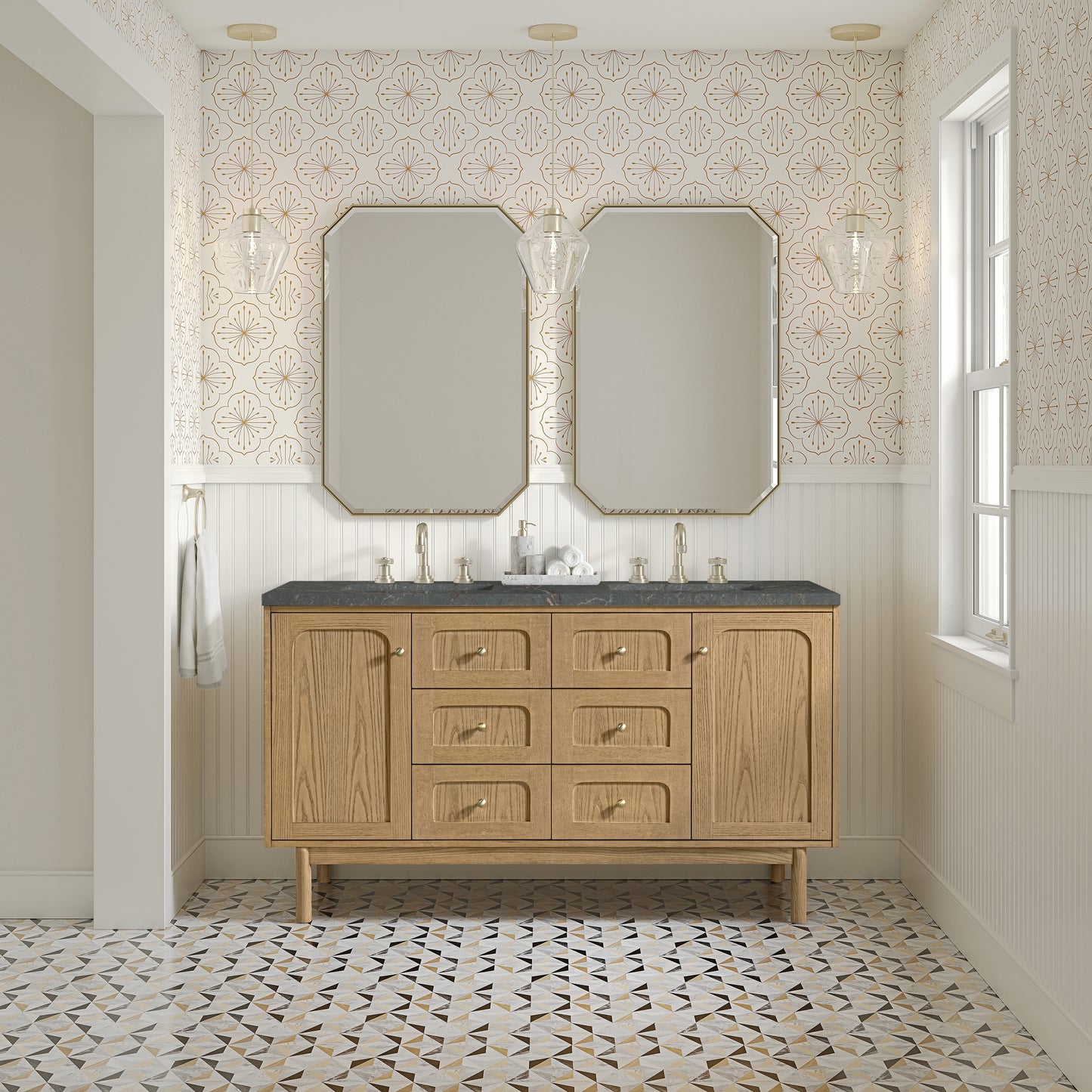 James Martin Vanities Laurent 60" Light Natural Oak Double Vanity With 3cm Parisien Bleu Quartz Top