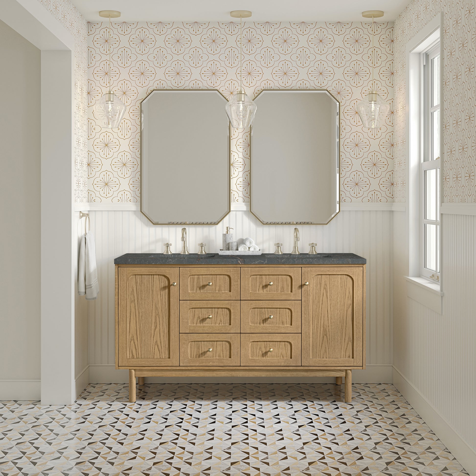 James Martin Vanities Laurent 60" Light Natural Oak Double Vanity With 3cm Parisien Bleu Quartz Top