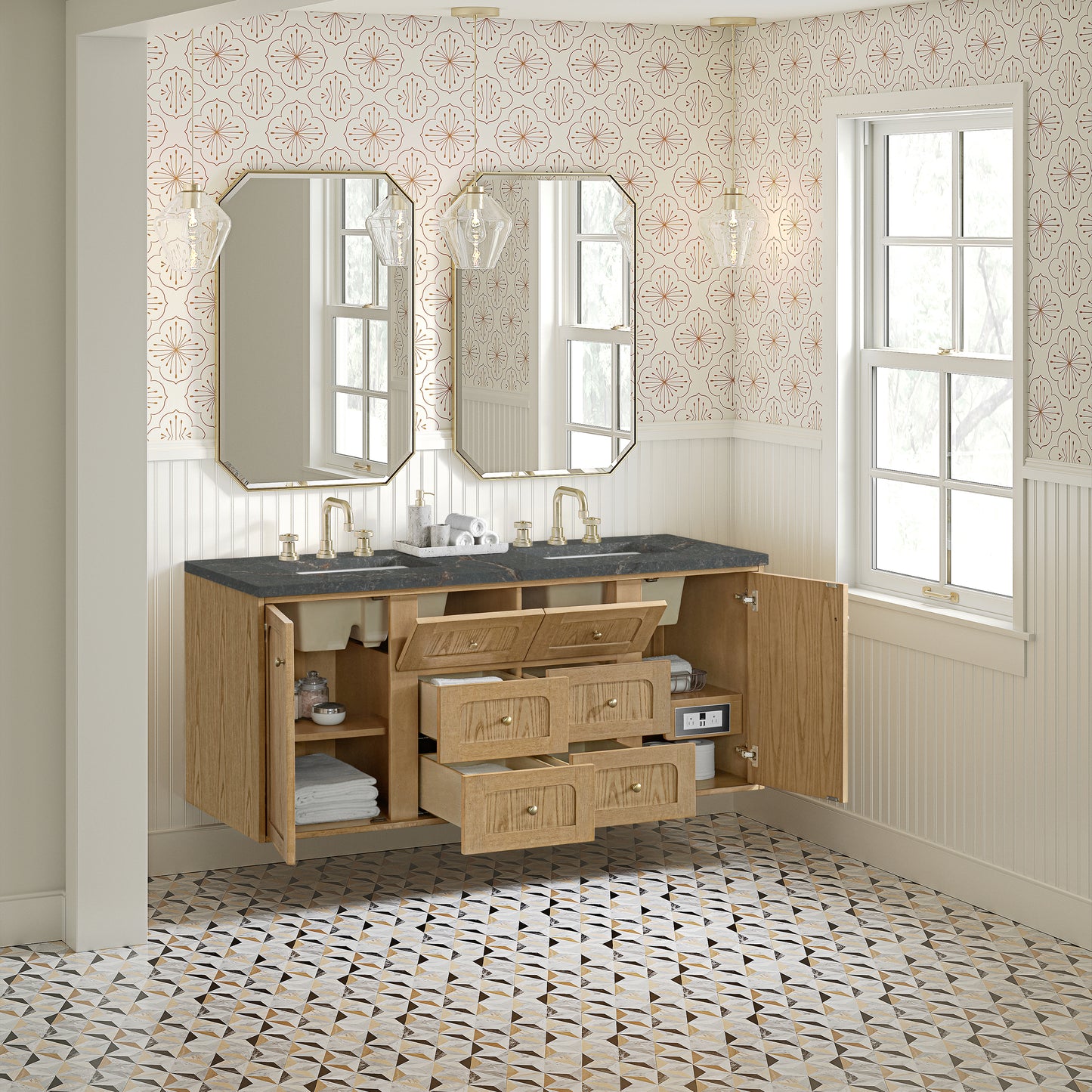 James Martin Vanities Laurent 60" Light Natural Oak Double Vanity With 3cm Parisien Bleu Quartz Top