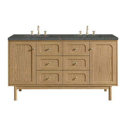 James Martin Vanities Laurent 60" Light Natural Oak Double Vanity With 3cm Parisien Bleu Quartz Top