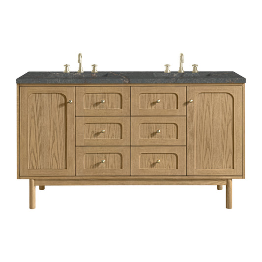 James Martin Vanities Laurent 60" Light Natural Oak Double Vanity With 3cm Parisien Bleu Quartz Top