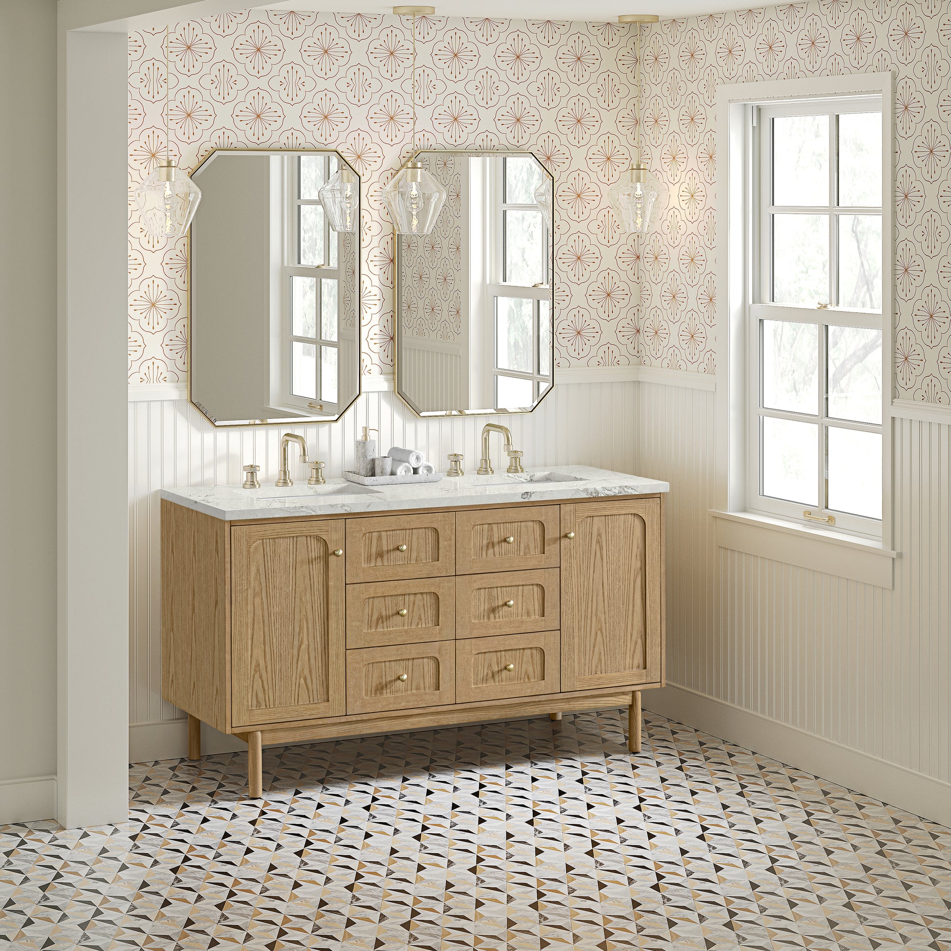 James Martin Vanities Laurent 60" Light Natural Oak Double Vanity With 3cm Victorian Silver Quartz Top