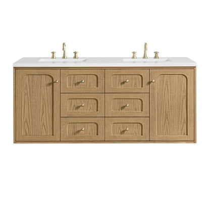 James Martin Vanities Laurent 60" Light Natural Oak Double Vanity With 3cm White Zeus Quartz Top