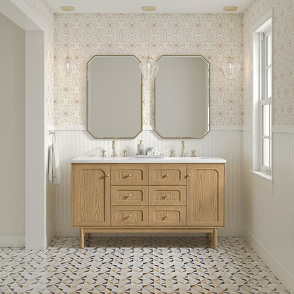 James Martin Vanities Laurent 60" Light Natural Oak Double Vanity With 3cm White Zeus Quartz Top