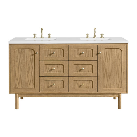 James Martin Vanities Laurent 60" Light Natural Oak Double Vanity With 3cm White Zeus Quartz Top