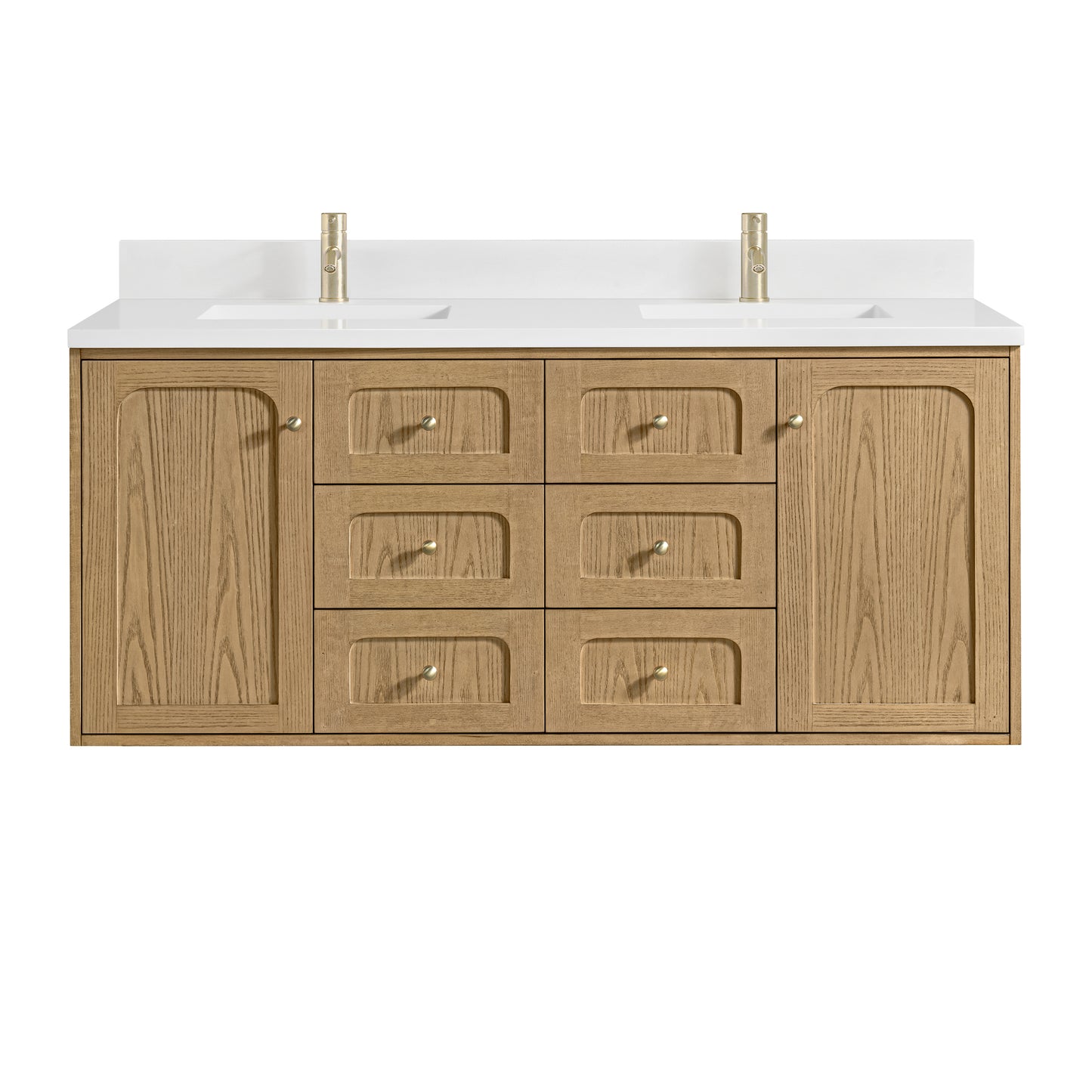 James Martin Vanities Laurent 60" Light Natural Oak Double Vanity With Single Hole 3cm White Zeus Quartz Top and Backsplash