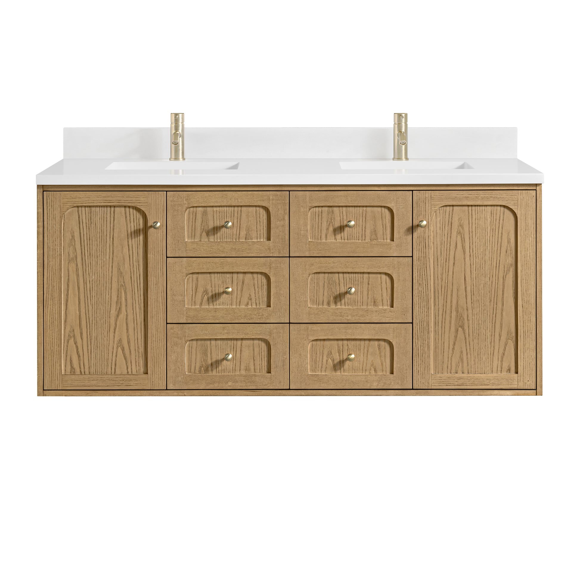 James Martin Vanities Laurent 60" Light Natural Oak Double Vanity With Single Hole 3cm White Zeus Quartz Top and Backsplash